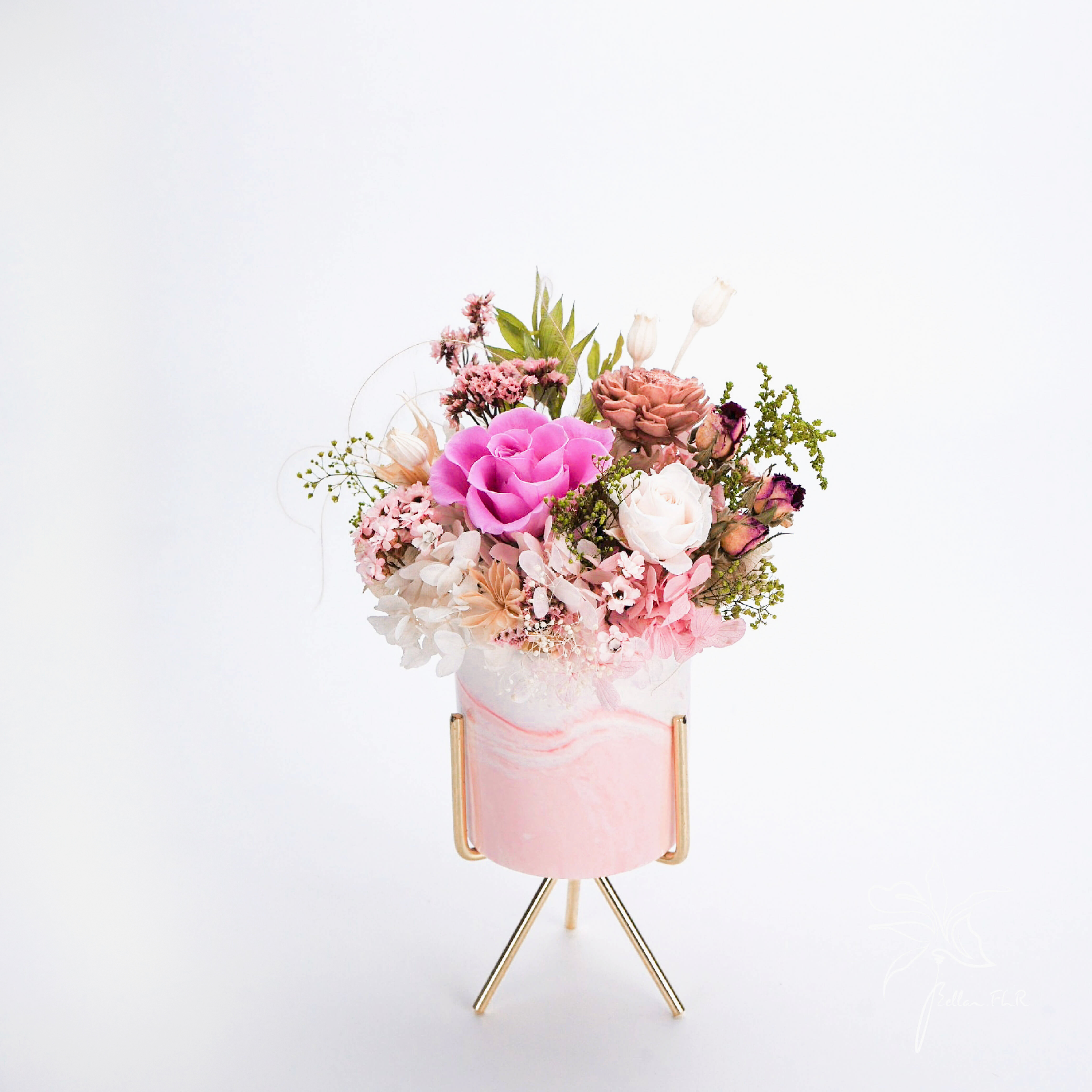 【花浪】永生乾燥瓷器盆花-桃粉