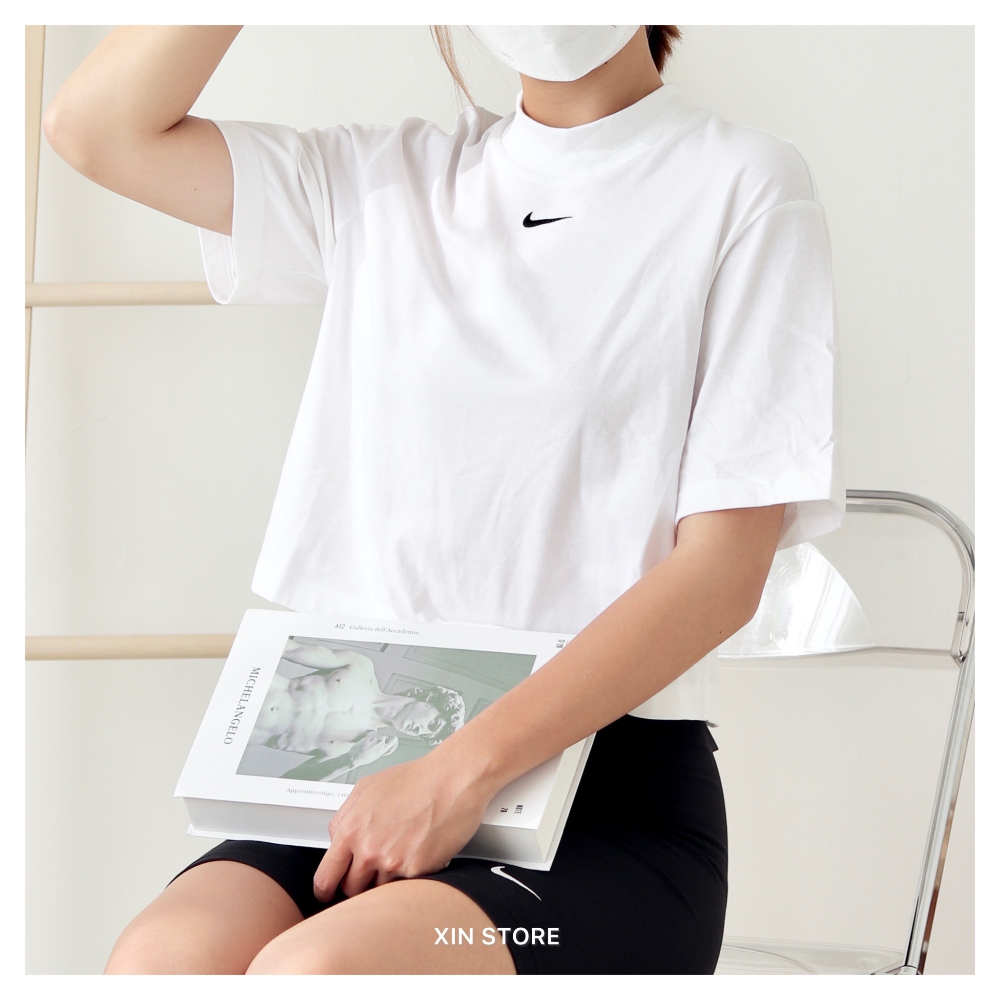 【現貨】Nike Nsw Crop Tee 短袖 小勾 刺繡 小高領 短版 短Tee 白 奶茶