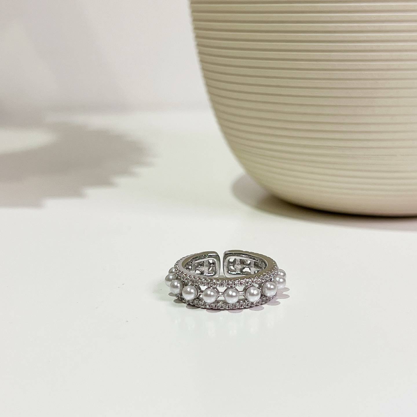 韓國排鑽珍珠銀色戒指