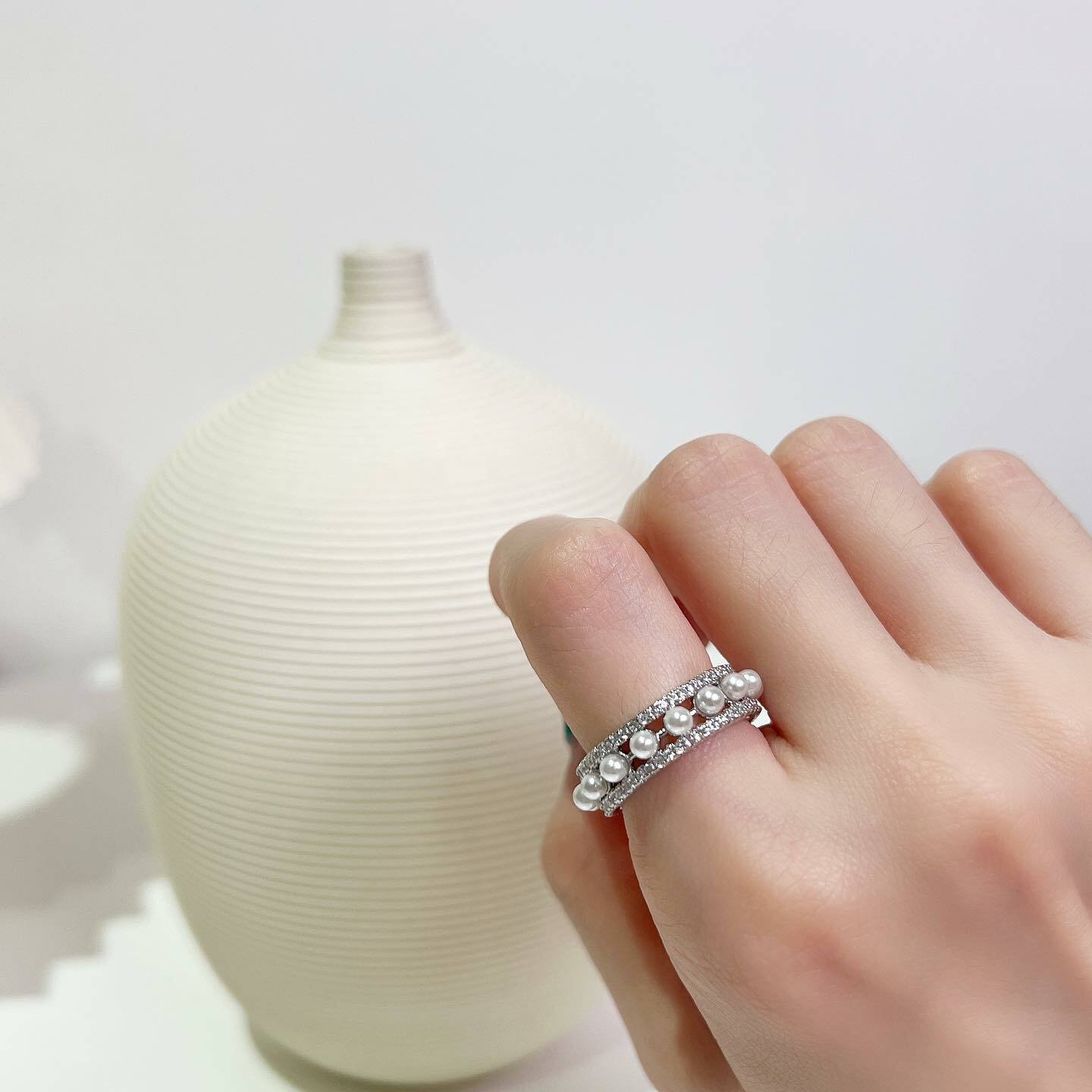 韓國排鑽珍珠銀色戒指