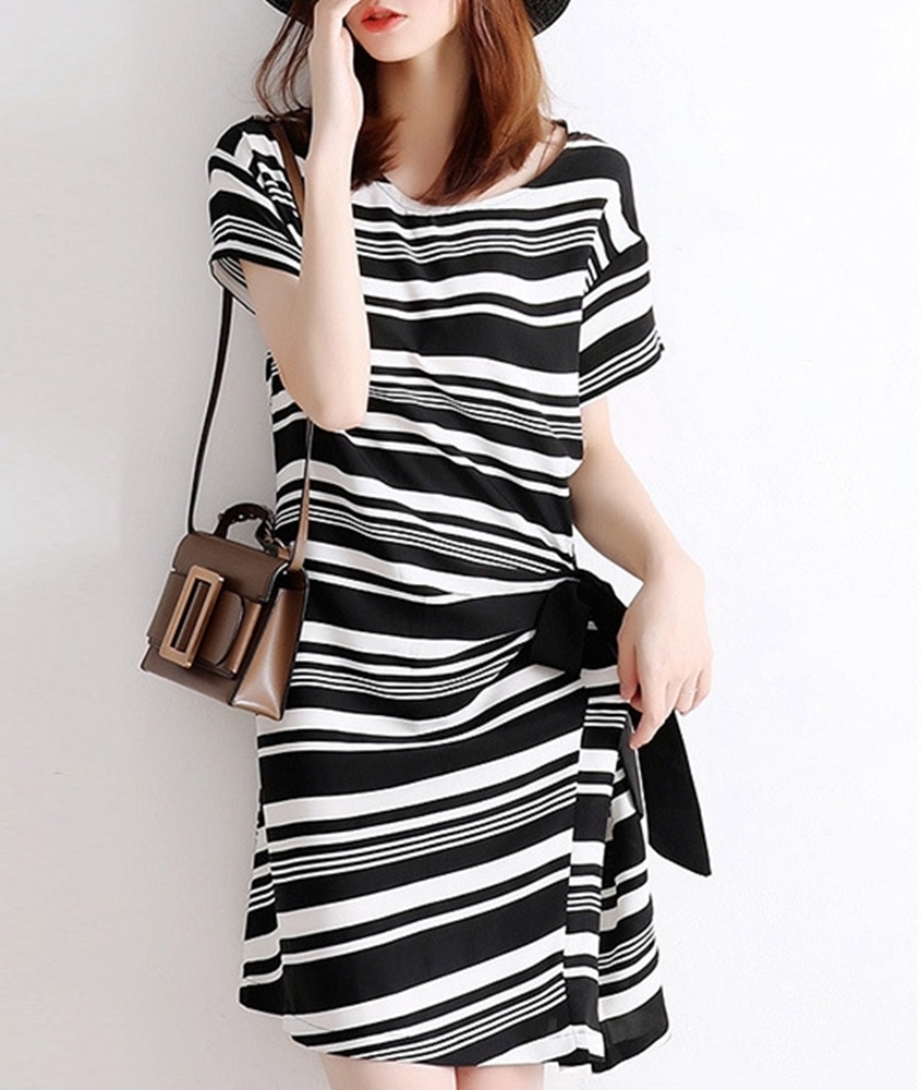 黑S【零碼出清不退換】蝴蝶結綁帶條紋洋裝