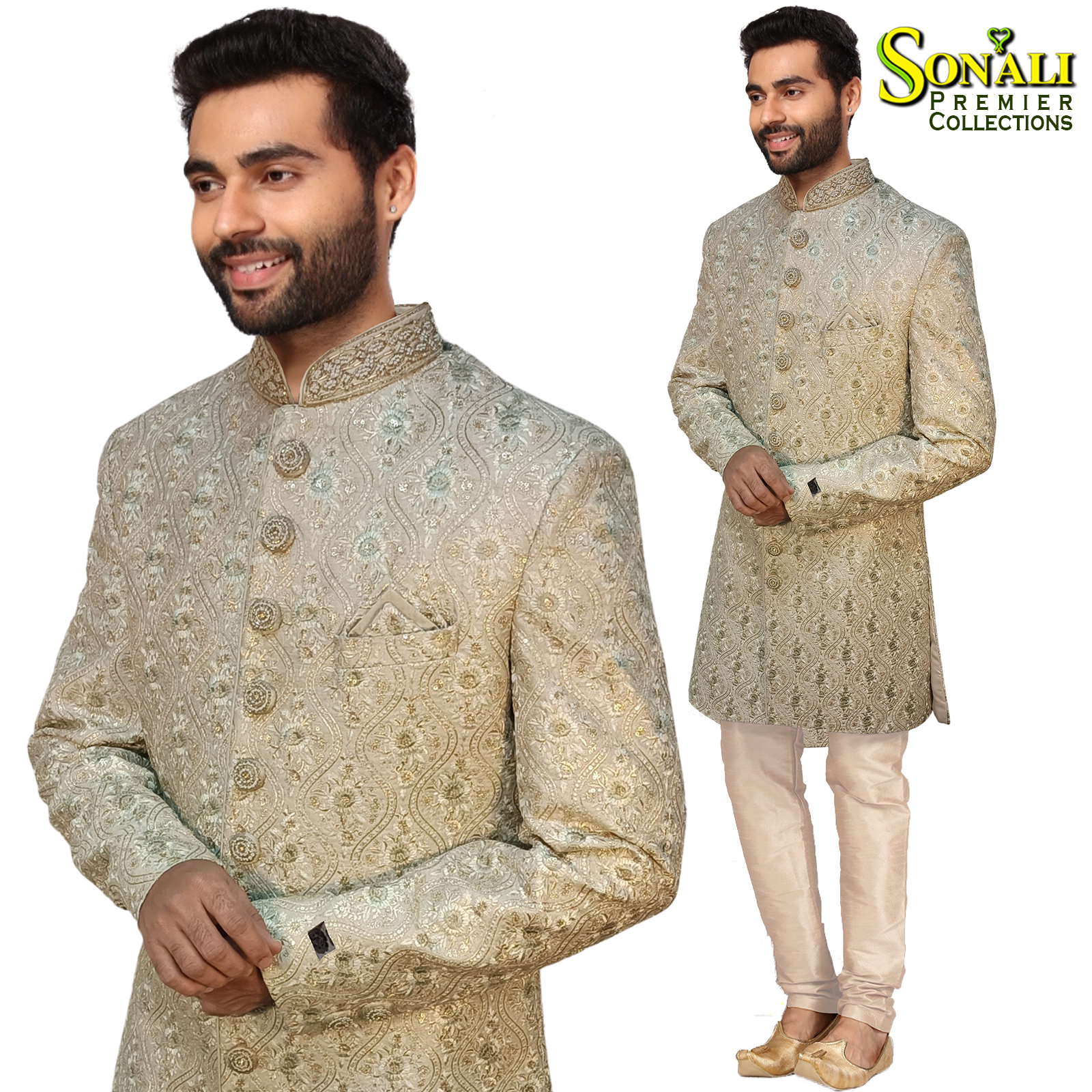 Sonali Premier Quality  Elegant Fawn Celebration Wear Sherwani Set / High Quality Material - TRMSUIT04D Size-38