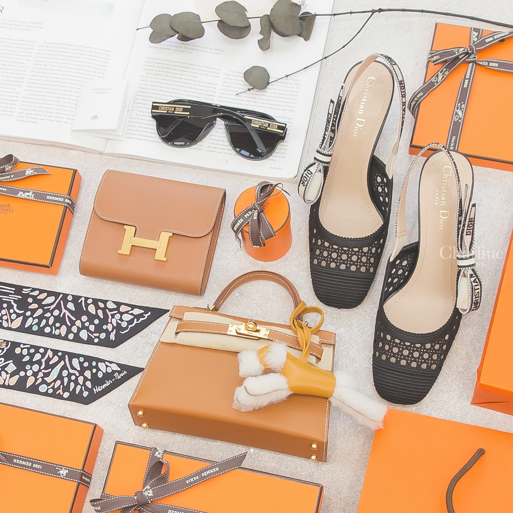 Hermès Mini Kelly 焦糖色金釦,Dior 黑色飛行員墨鏡,Dior 黑色蝴蝶結高跟鞋,Hermès 黑色絲巾,Hermès Compact 焦糖色金釦短夾,Hermès 芝麻黃羊毛犬吊飾-Charline Boutique 精品代購