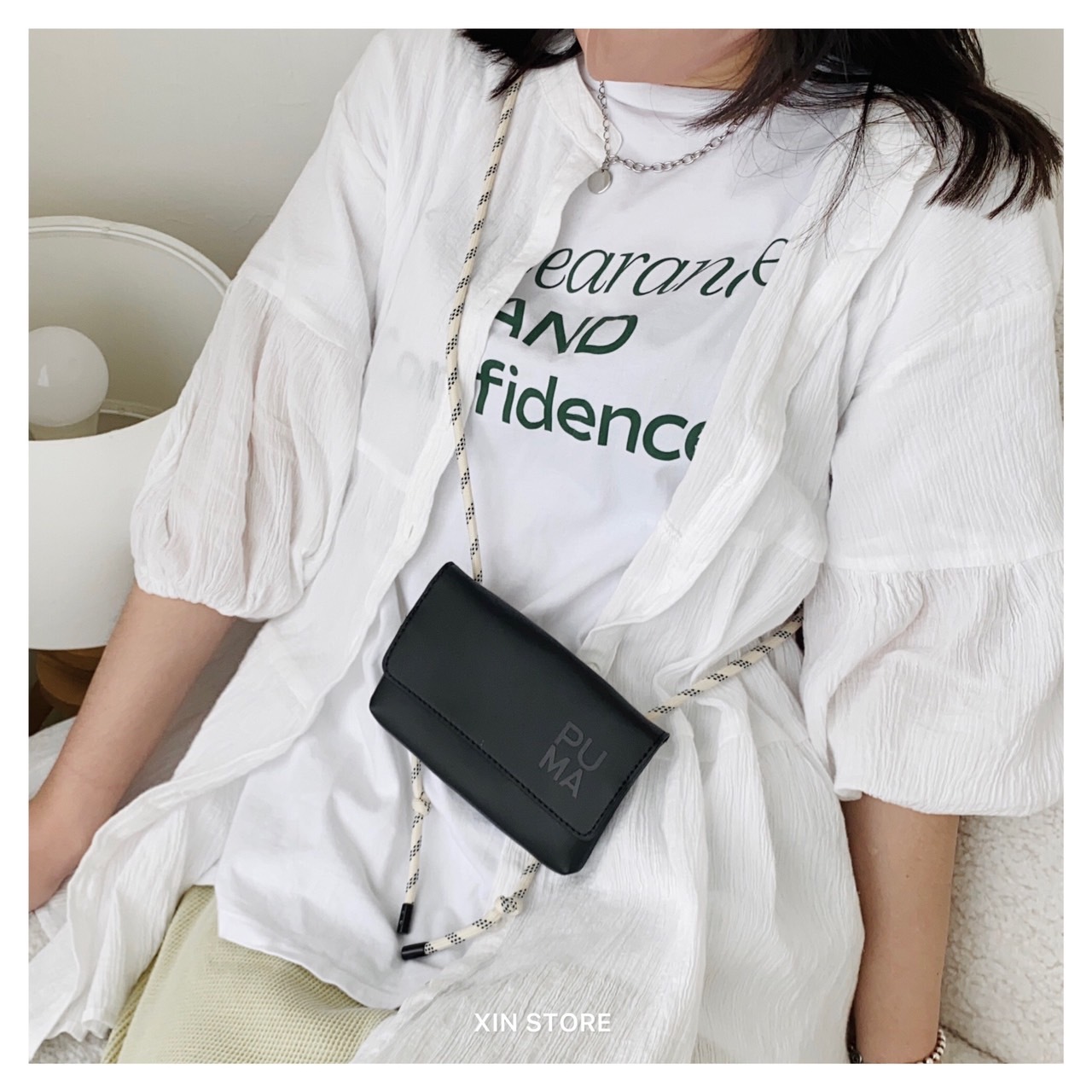 【現貨】Puma Infuse 小包 蔡依林 Jolin同款 側背 磁吸 翻蓋 抽繩 皮革 側背包 極簡黑