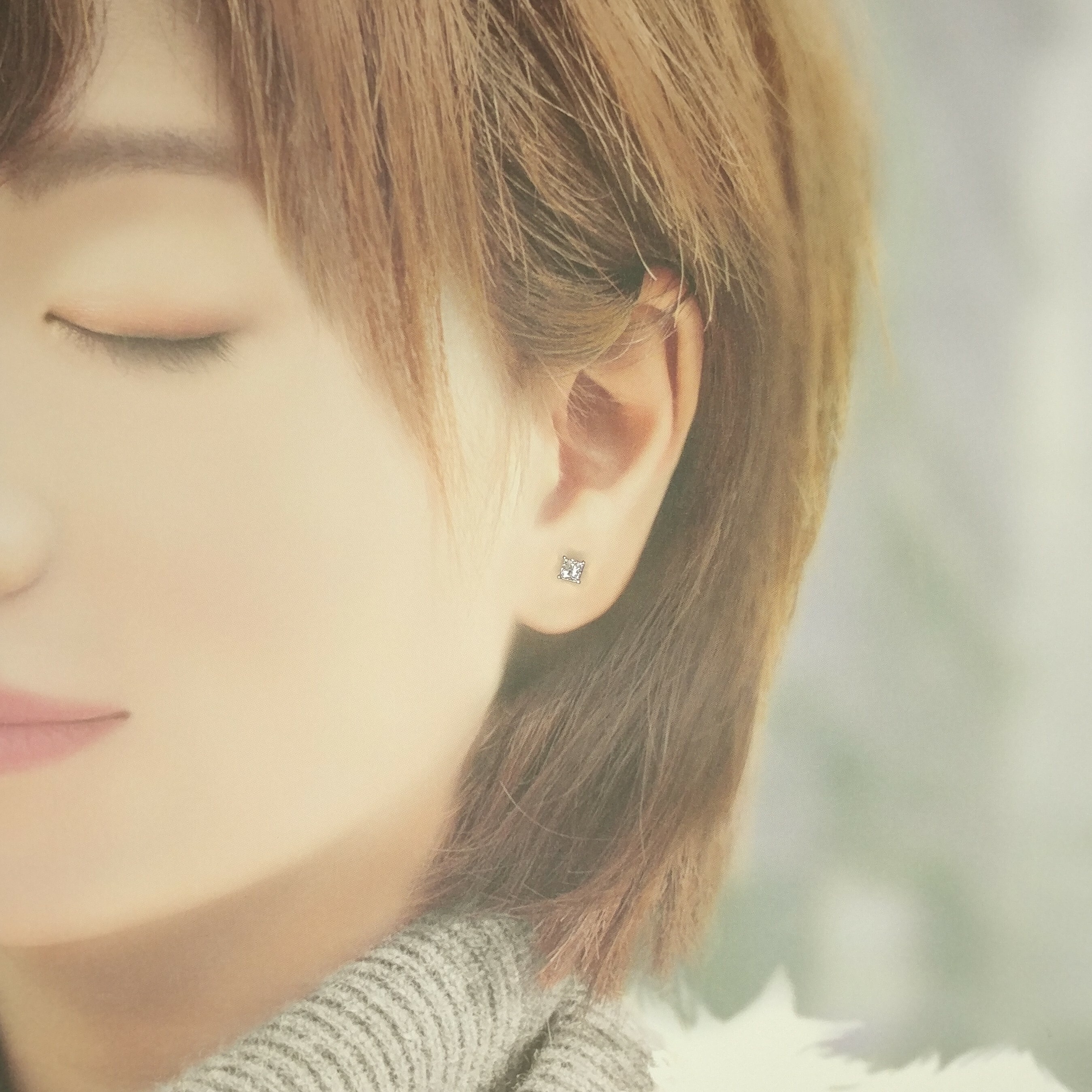 全新18K白金【主石38份方形鑽石】4爪耳環