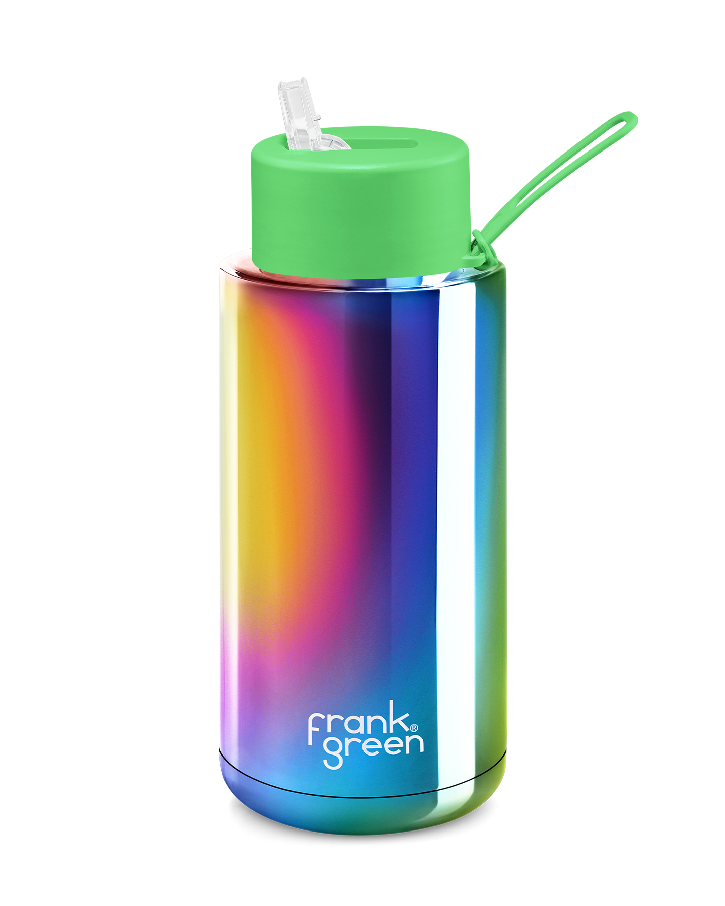 Chrome Rainbow Ceramic Reusable Bottle with Neon Green Sraw Lid - 34oz / 1,000ml | FRANK GREEN