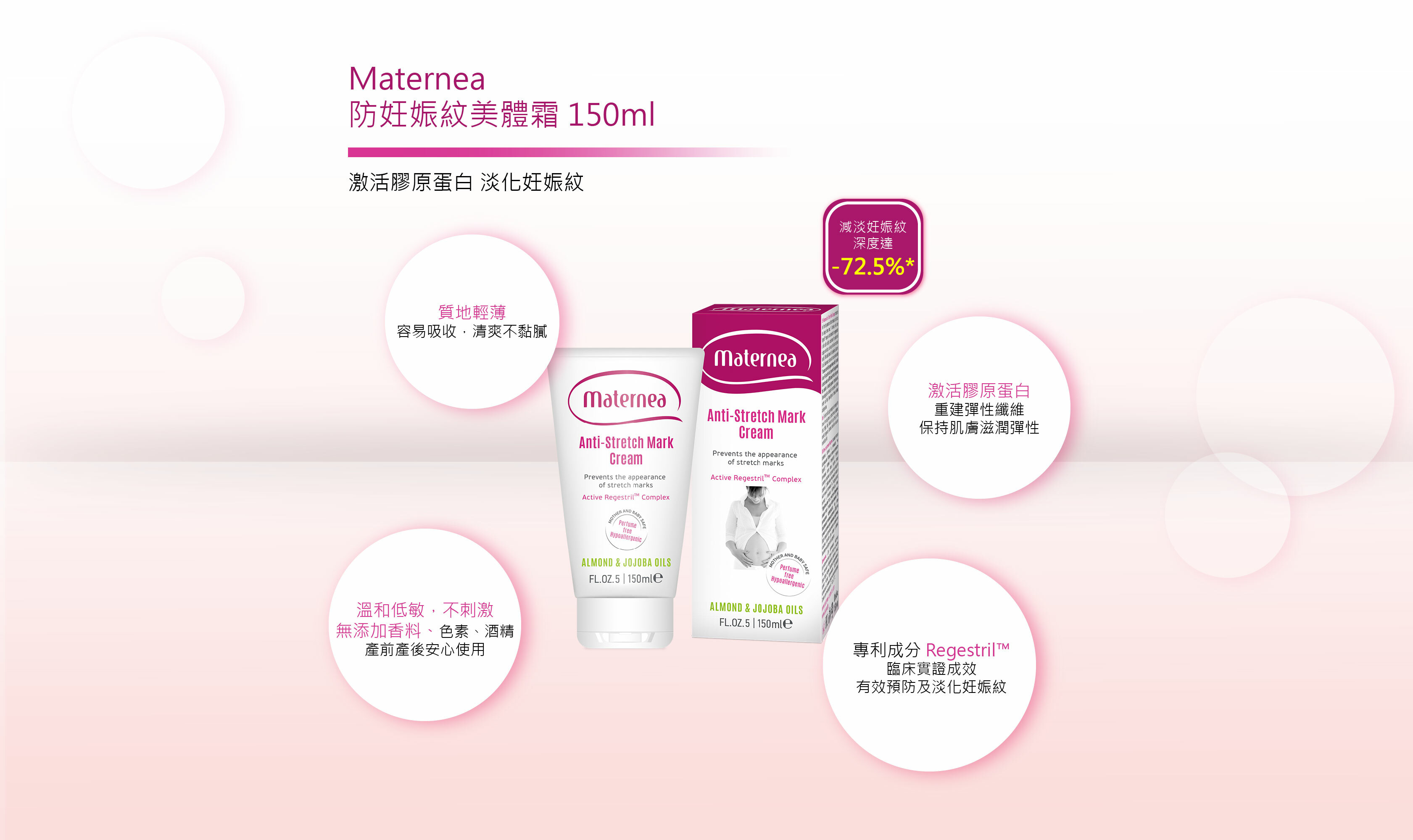 Maternea 防妊娠紋美體霜 消委會妊娠紋膏推介 專利成分 Regestril™ 臨床實證成效 有效預防及淡化妊娠紋,溫和低敏,不刺激 無添加香料、色素、酒精 懷孕期安心使用