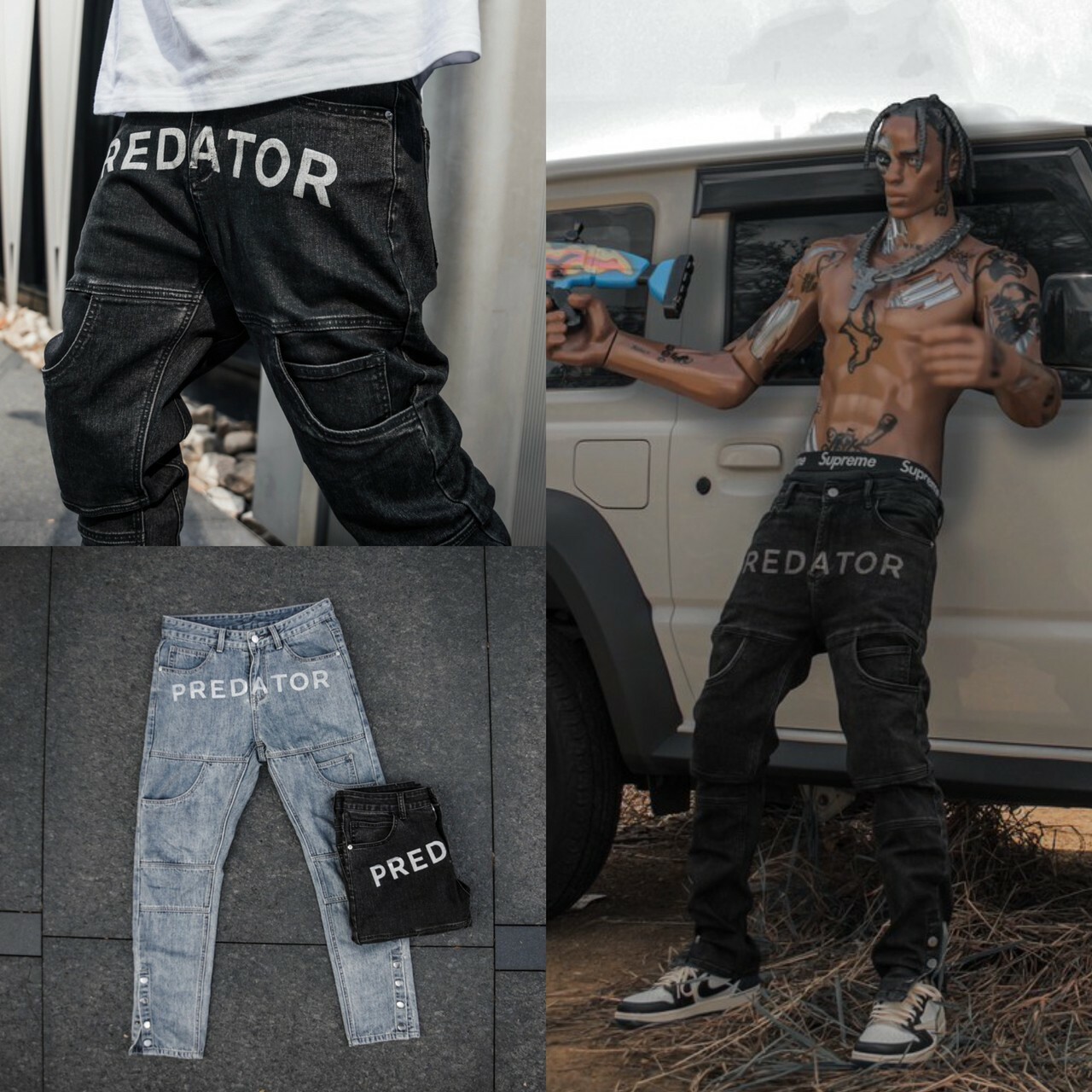 PREDATOR 正面Logo 水洗 解構 排釦牛仔褲 VIBE神褲