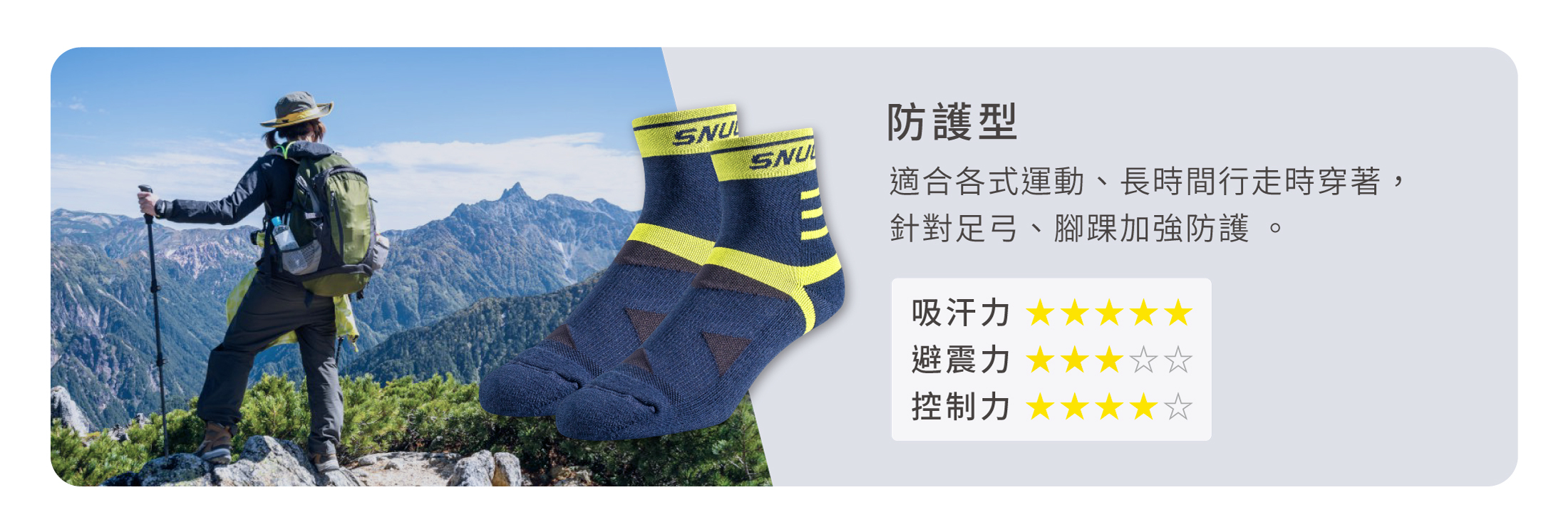 防護型 適合各式運動、長時間行走時穿著， 針對足弓、腳踝加強防護 。 吸汗力 ★★★★★ 避震力 ★★★☆☆ 控制力 ★★★★☆