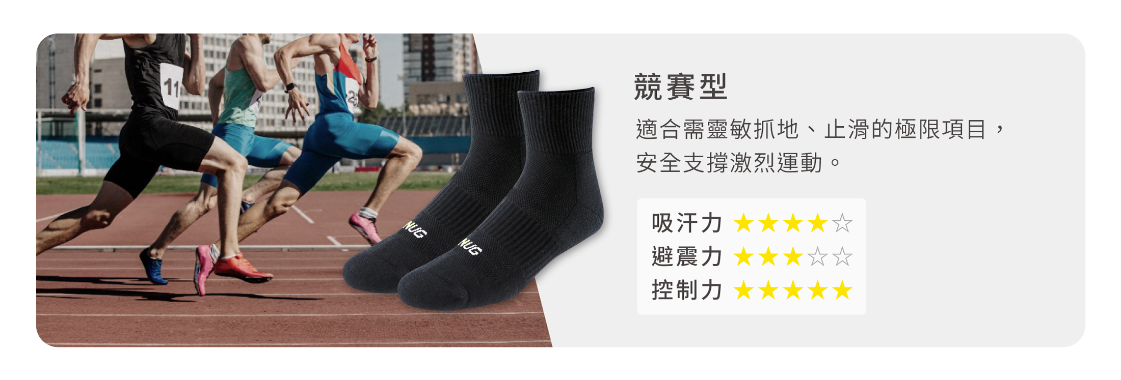 競賽型 適合需靈敏抓地、止滑的極限項目， 安全支撐激烈運動。 吸汗力 ★★★★☆ 避震力 ★★★☆☆ 控制力 ★★★★★