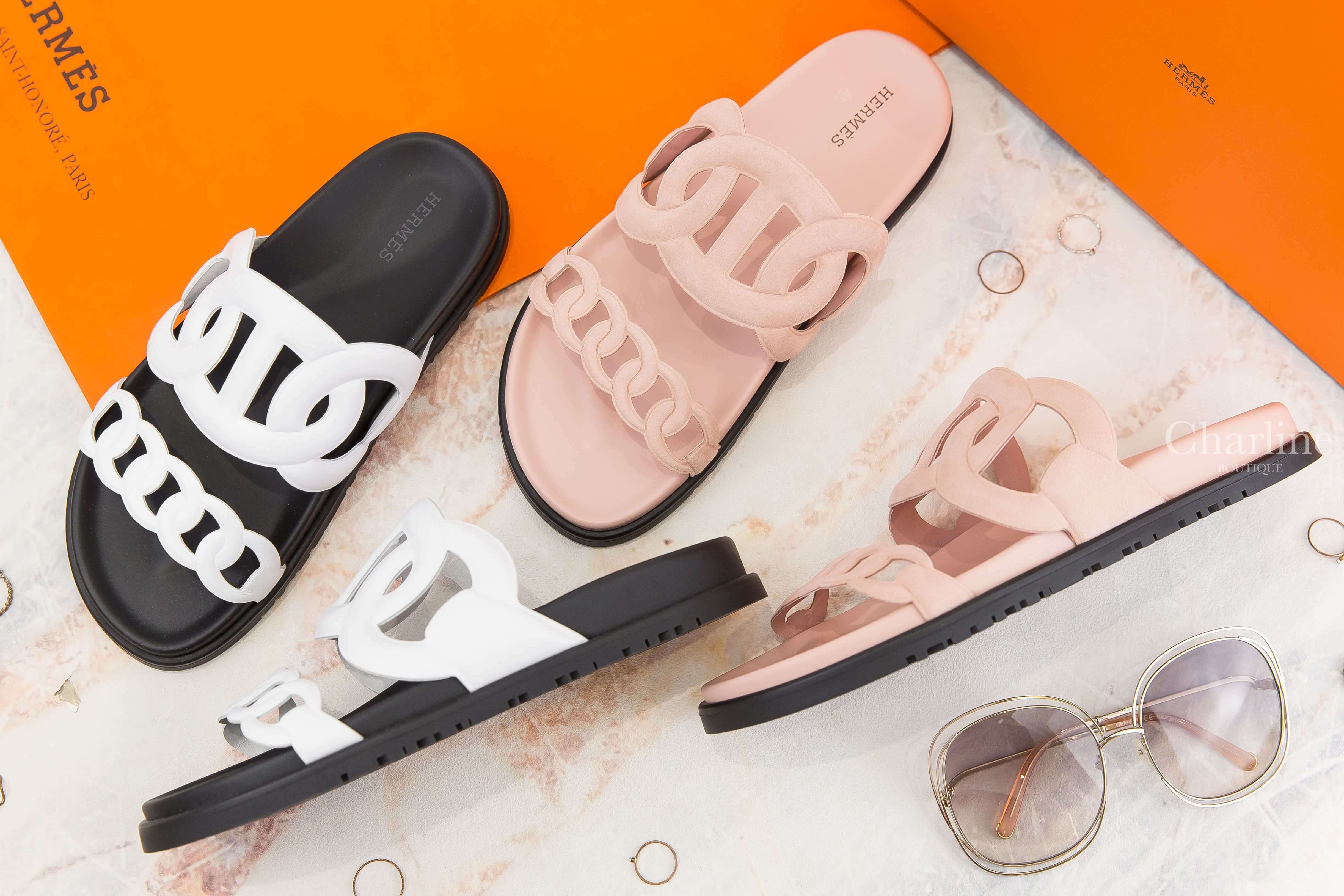 Hermès Extra Sandal 白色θ黑底牛皮平底拖鞋,Hermès Extra Sandal 玫瑰蛋白粉θ麂皮平底拖鞋-Charline Boutique 精品代購