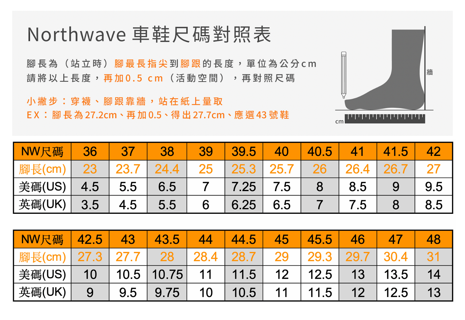 Northwave 鞋碼對照表