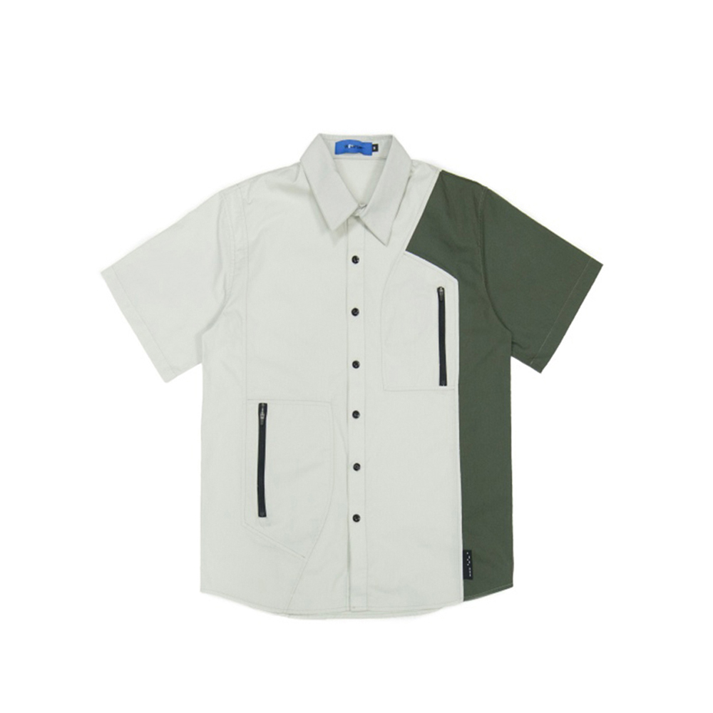 工裝撞色短袖襯衫-淺灰