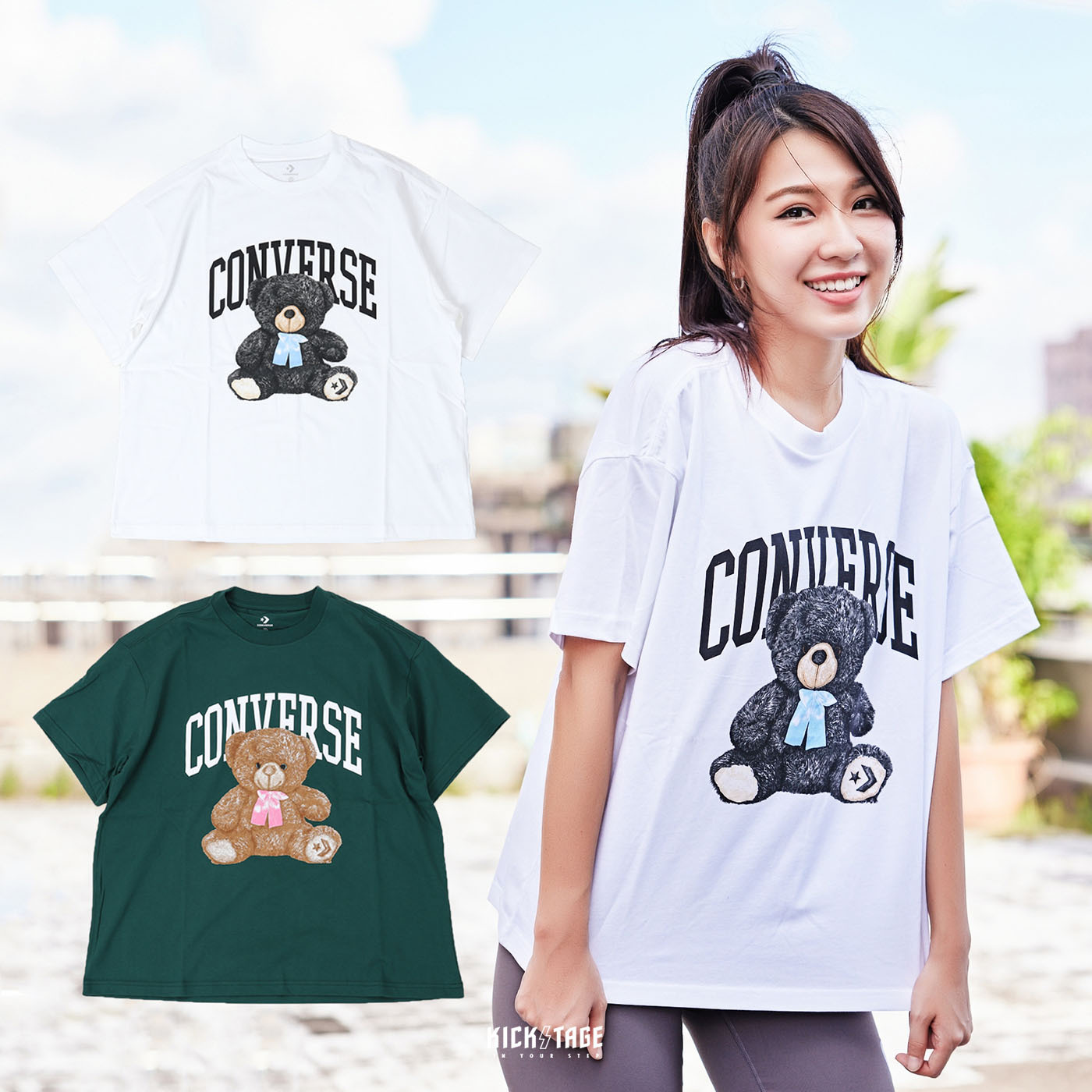 **特價商品售出不退換**女款 CONVERSE OVERSIZED TEDDY BEAR TEE 白色 綠色 泰迪熊 玩偶 印花 寬鬆版 短T【10023881-A01】