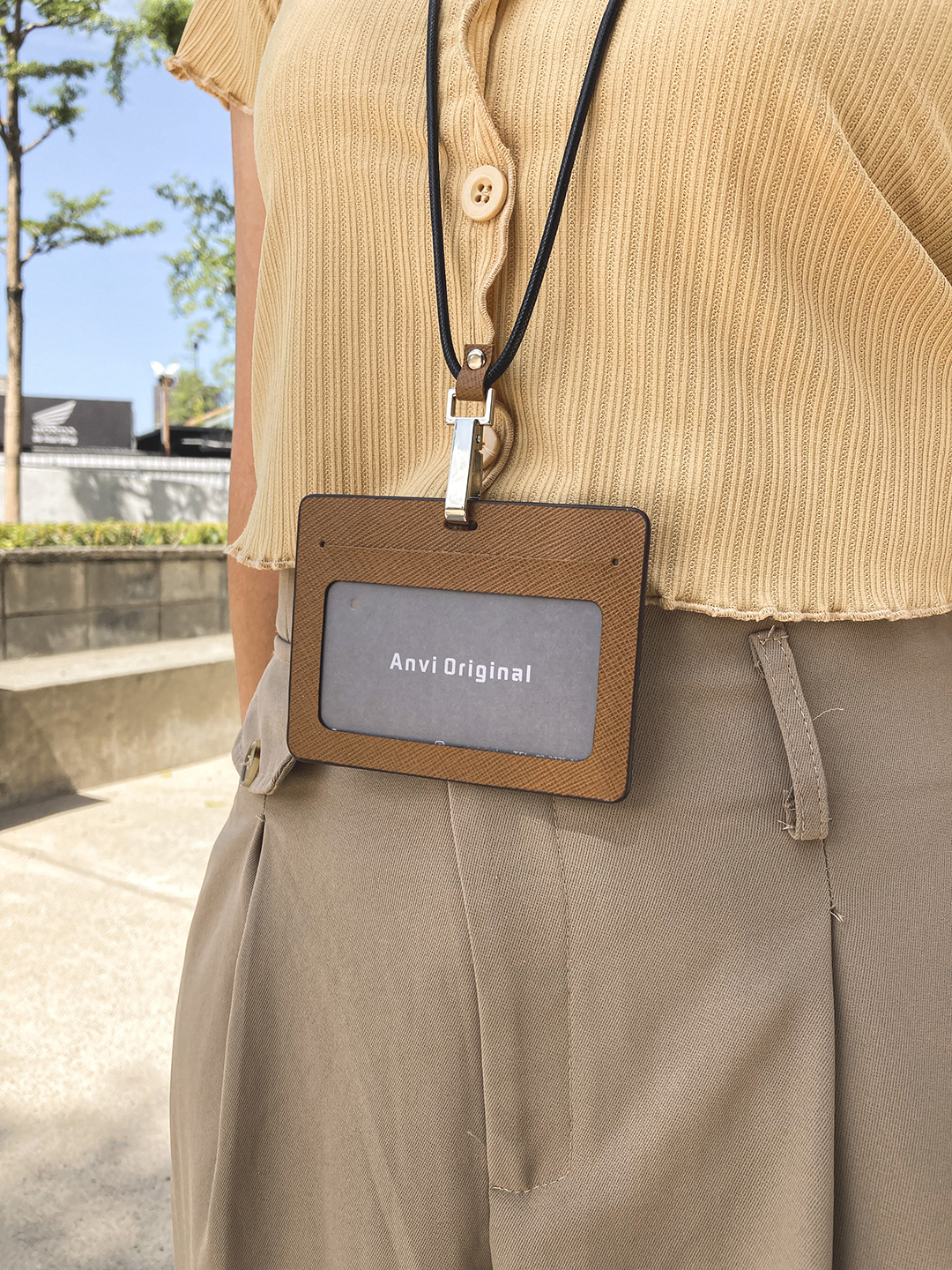 Leather ID Card Holder with Lanyard | Personalized Leather Badge Holder with Lanyard Dark Brown / Short