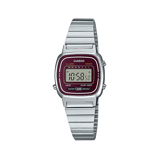 Casio LA670WA-4 女裝細錶面 銀色 酒紅面 復古跳字錶