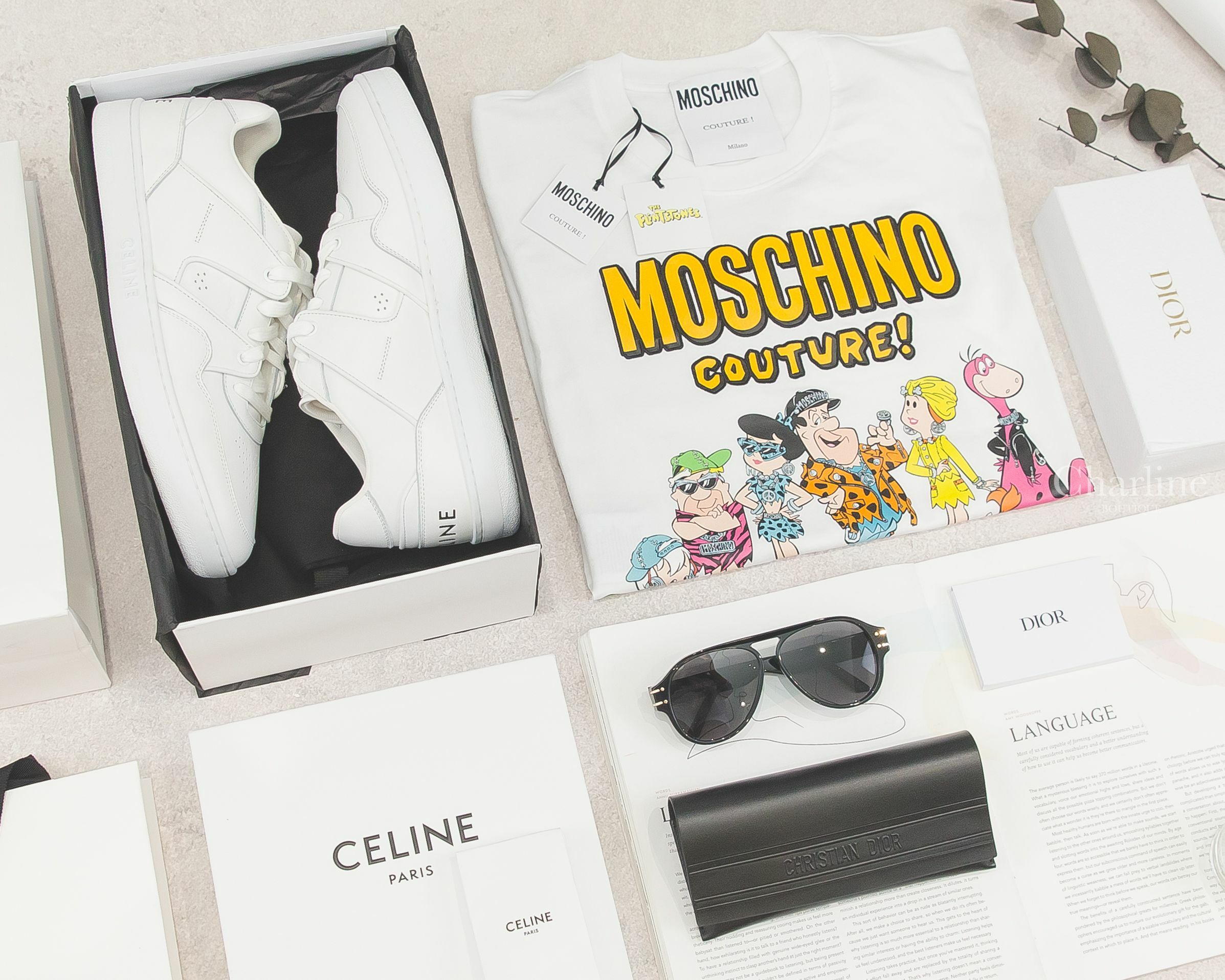 Celine CT-04 Celine Trainer 光學白黑字後跟小牛皮低筒運動鞋,Dior Diorsignature A1U 黑色飛行員邊框灰色鏡片側邊金色Logo太陽眼鏡-Charline Boutique 精品代購