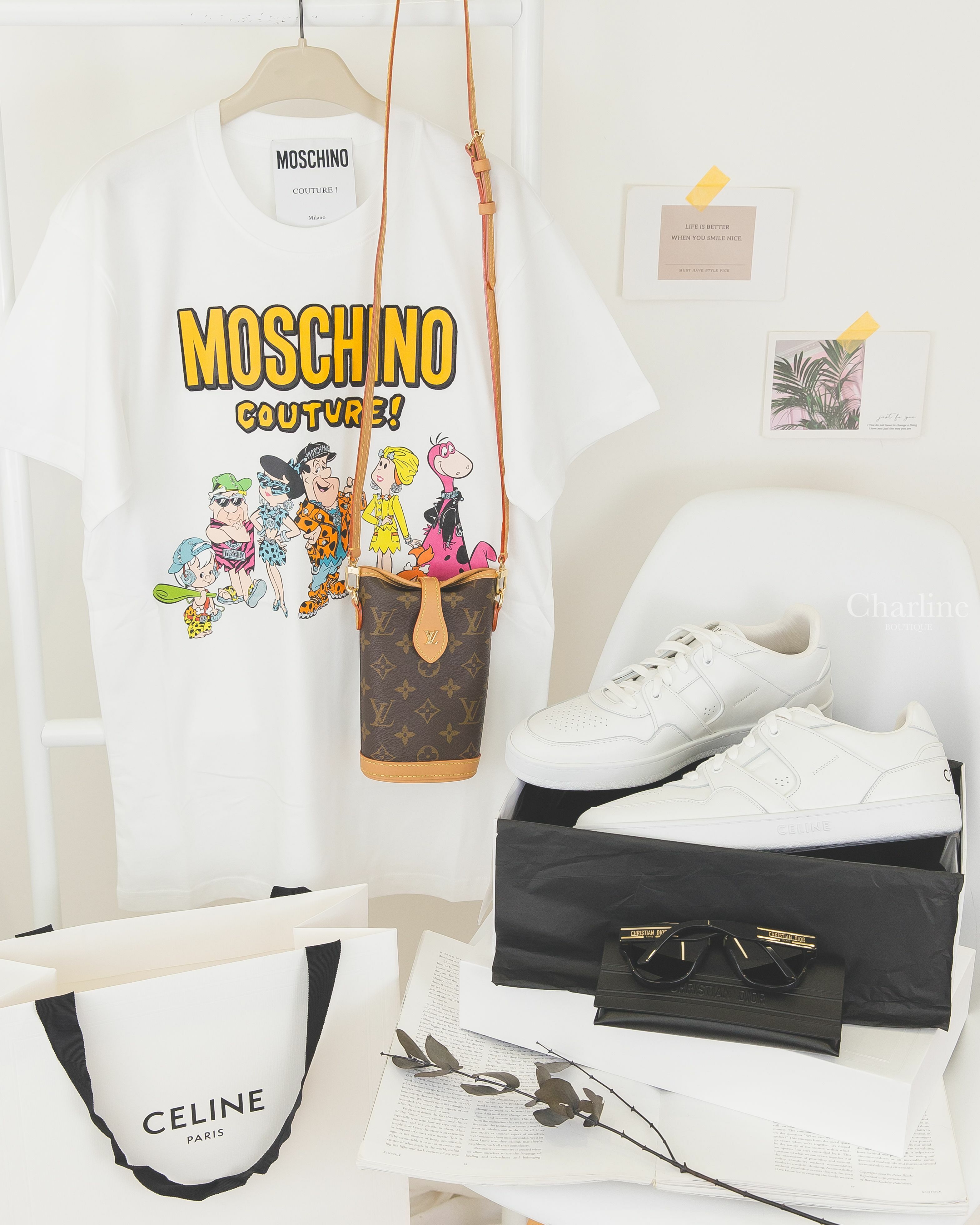 Celine Trainer 光學白黑字後跟小牛皮運動鞋,Dior Diorsignature 黑色飛行員邊框金色Logo太陽眼鏡,Louis Vuitton Fold 咖啡色老花帆布金色LV肩背包-Charline Boutique 精品代購