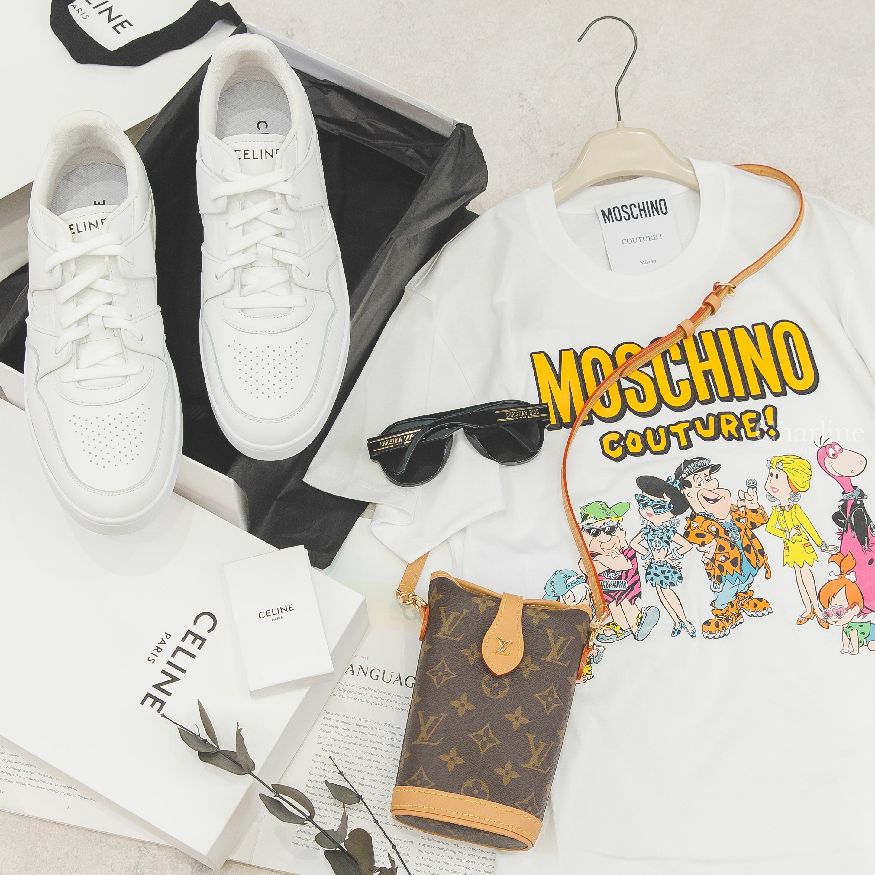 Celine Trainer 光學白黑字後跟小牛皮運動鞋,Dior Diorsignature 黑色飛行員邊框金色Logo太陽眼鏡,Louis Vuitton Fold 咖啡色老花帆布金色LV肩背包-Charline Boutique 精品代購