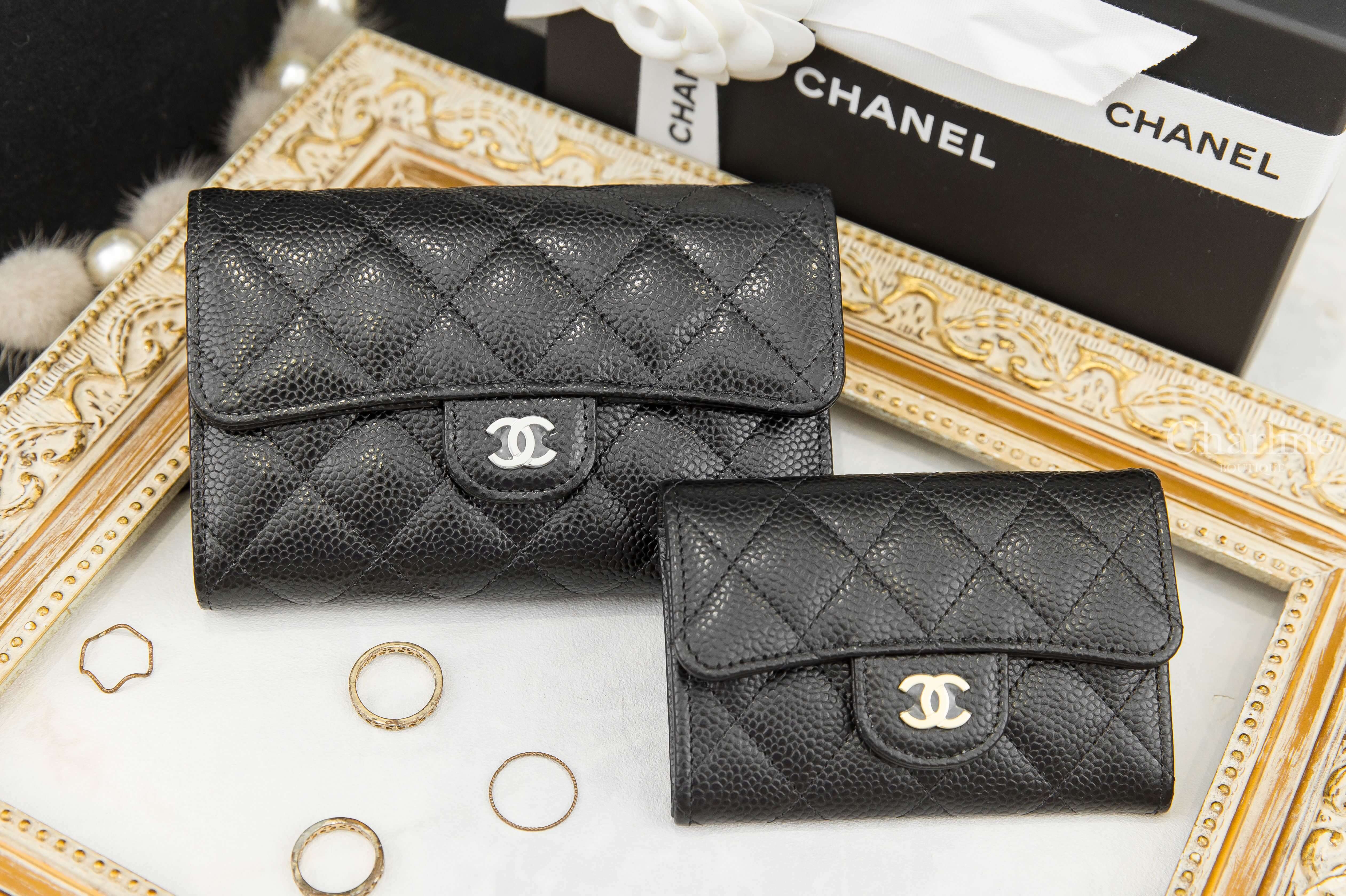 Chanel Medium Flap Wallet 黑色銀CC荔枝菱格紋前釦式中夾,Chanel Classic Card Holder 黑色金CC荔枝菱格紋零錢夾-Charline Boutique 精品代購