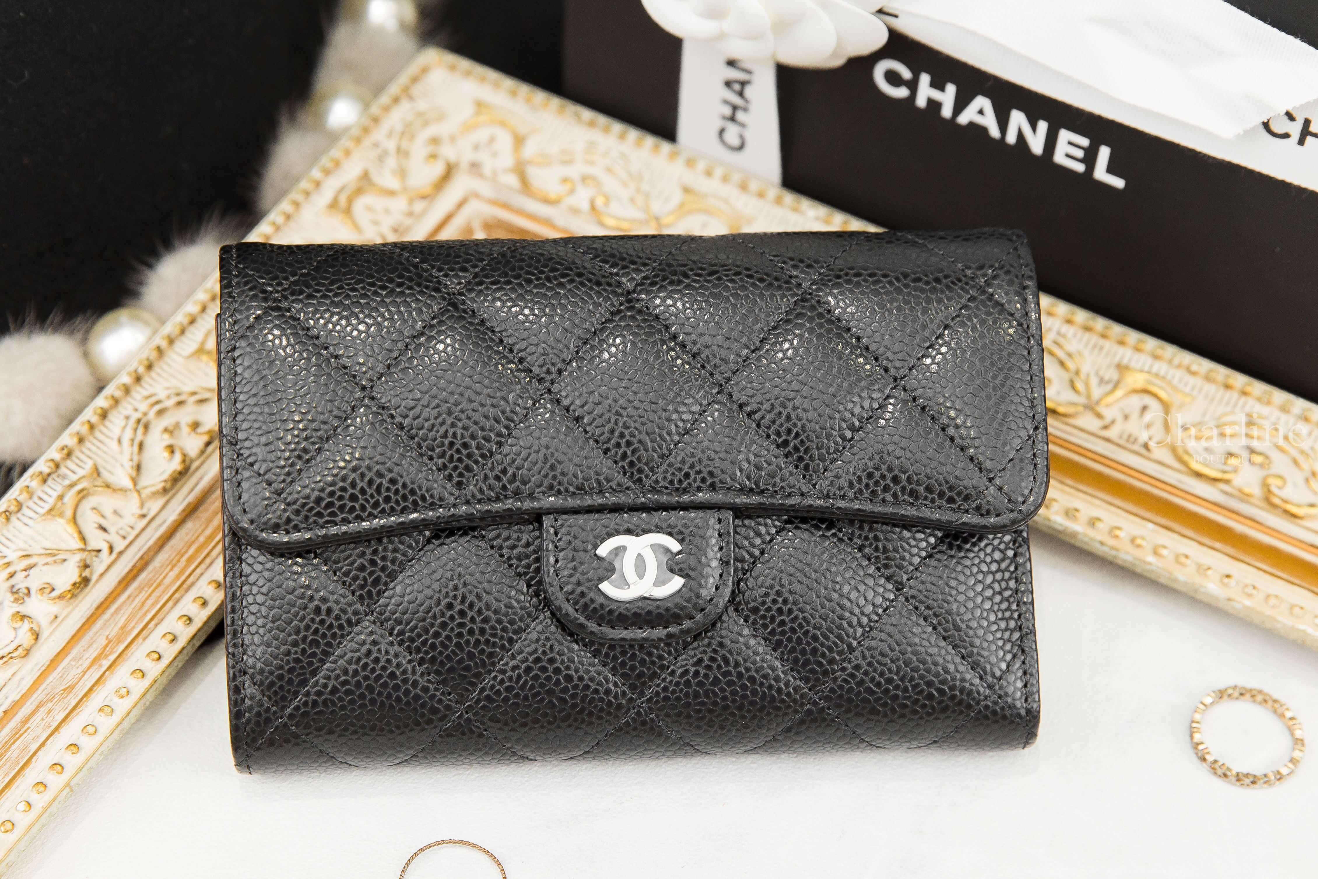 Chanel Medium Flap Wallet 黑色銀CC荔枝菱格紋前釦式中夾