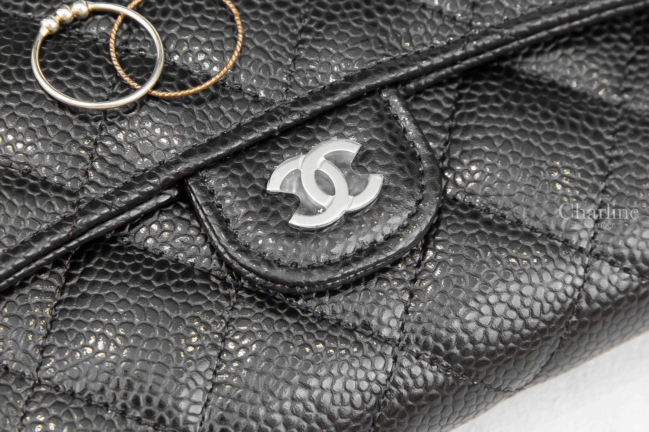 Chanel Medium Flap Wallet 黑色銀CC荔枝菱格紋前釦式中夾