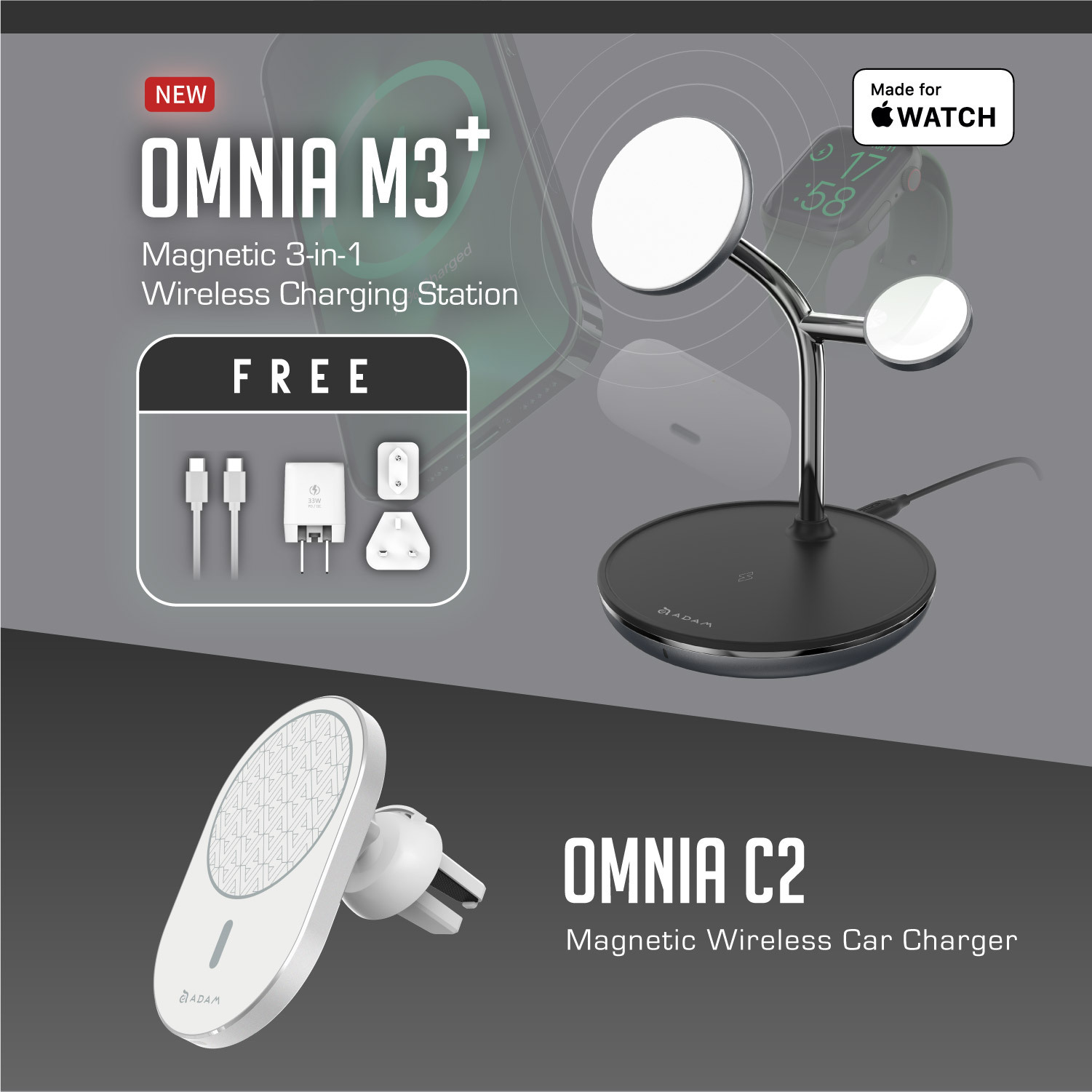 【New Arrival】OMNIA M3+ Magnetic 3-in-1 Wireless Charging Station  (Apple MFW-Certified) + OMNIA C2 Magnetic Wireless Car Charger