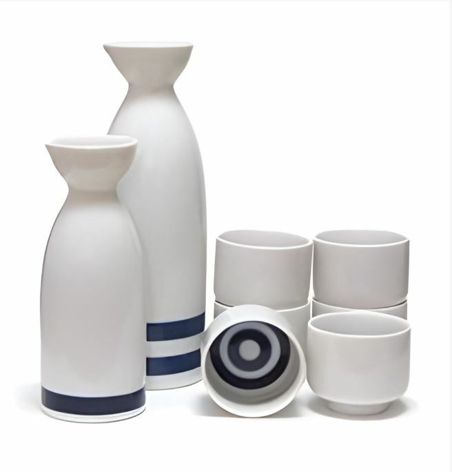 丸モ高木陶器 雙線花紋陶瓷器清酒壺 (2合)