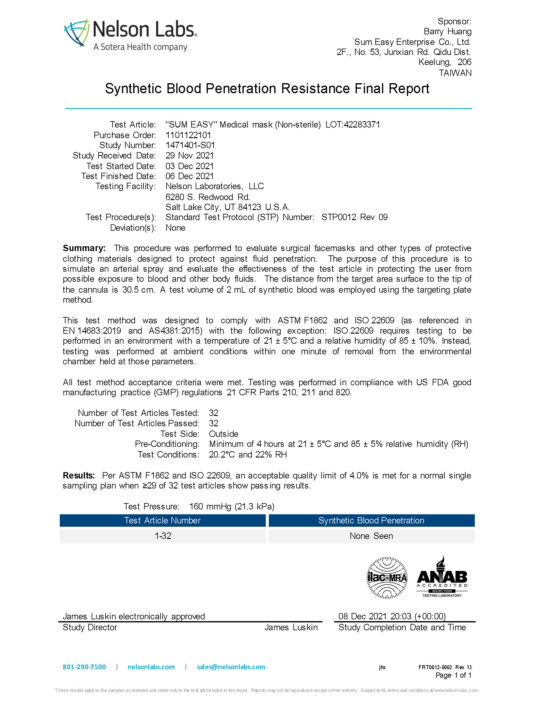 抗合成血液穿透性,最小通過壓力 測試報告