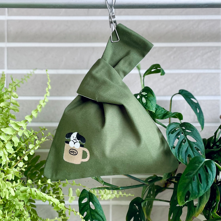 Hoi ホーイ｜絕版｜手工絹印手提小包｜杯子狗狗｜軍綠