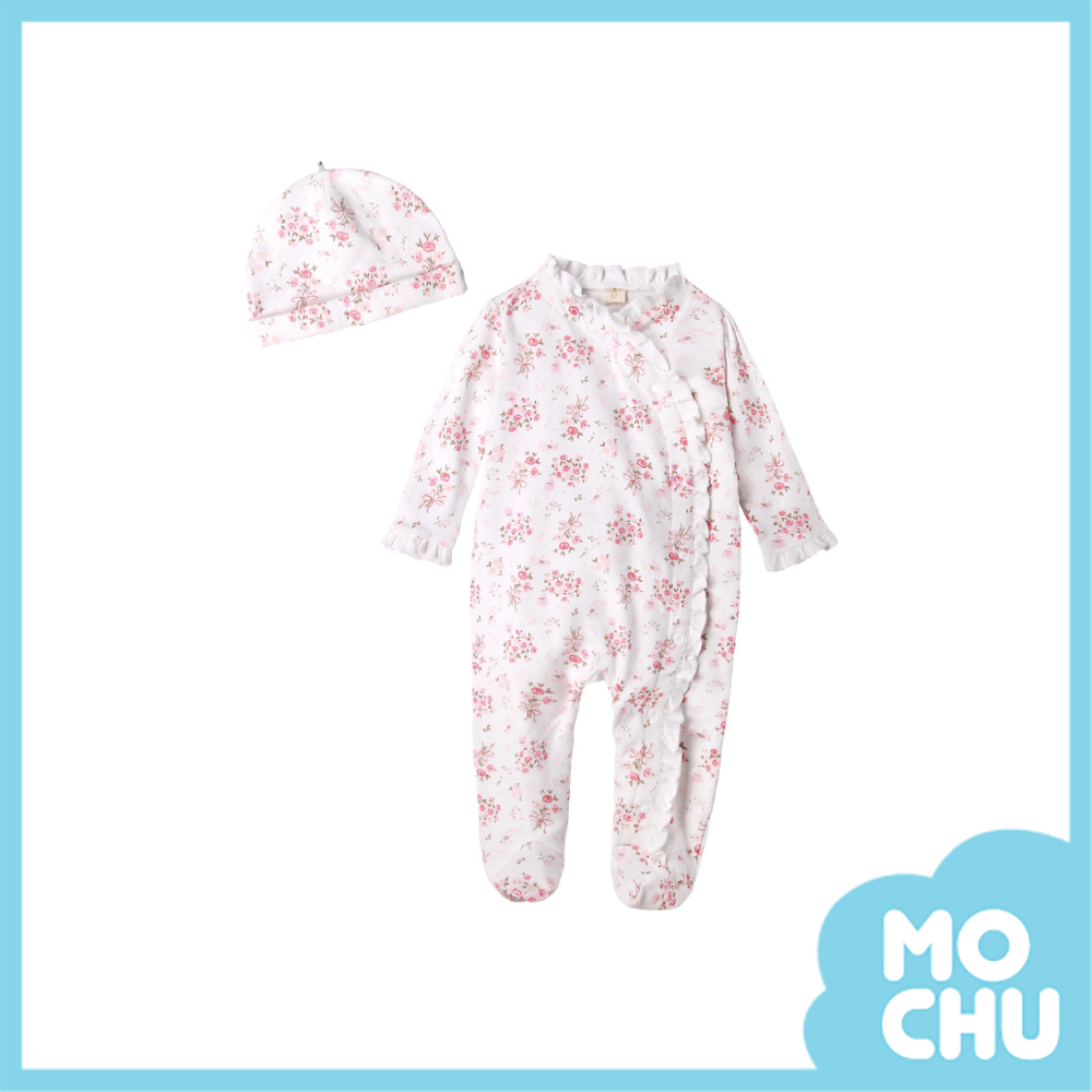 粉花側開長袖連身衣＋帽(包腳款)