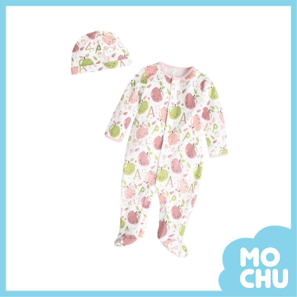 粉綠小蘋果長袖連身衣＋帽(包腳款)