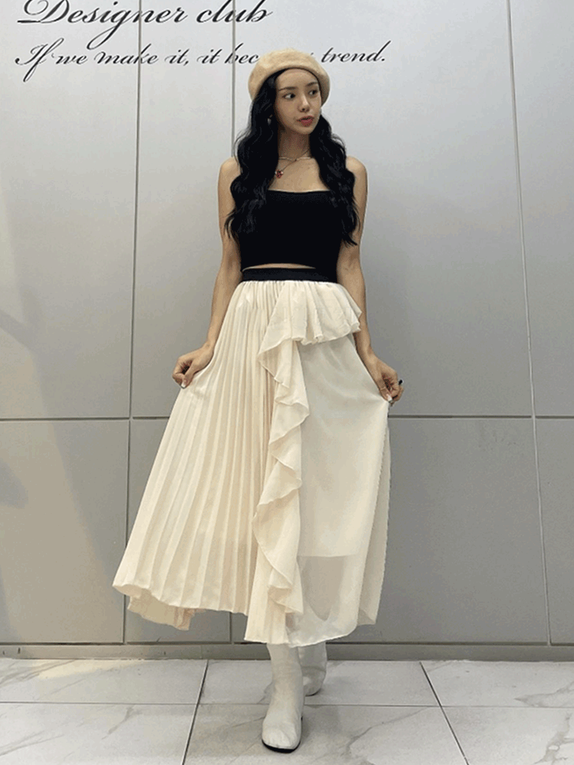 不對稱拼接百褶長裙(米色)