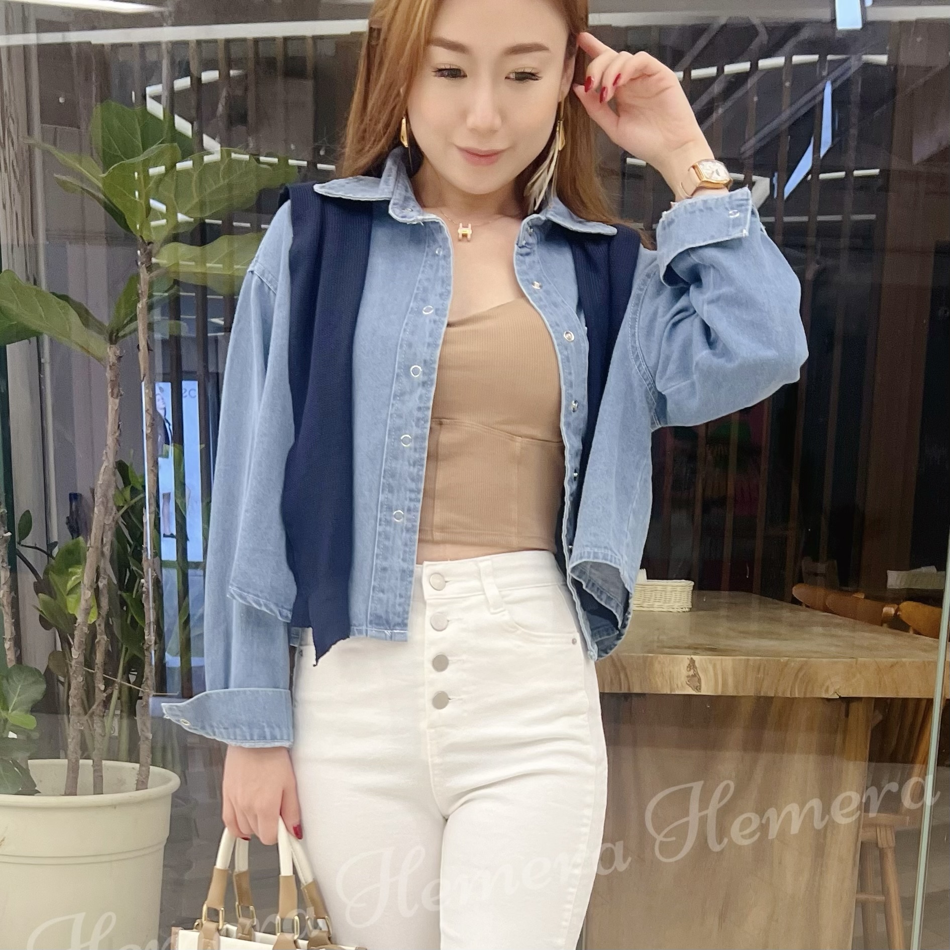Denim Jacket with Knit Scarf JK22S0914