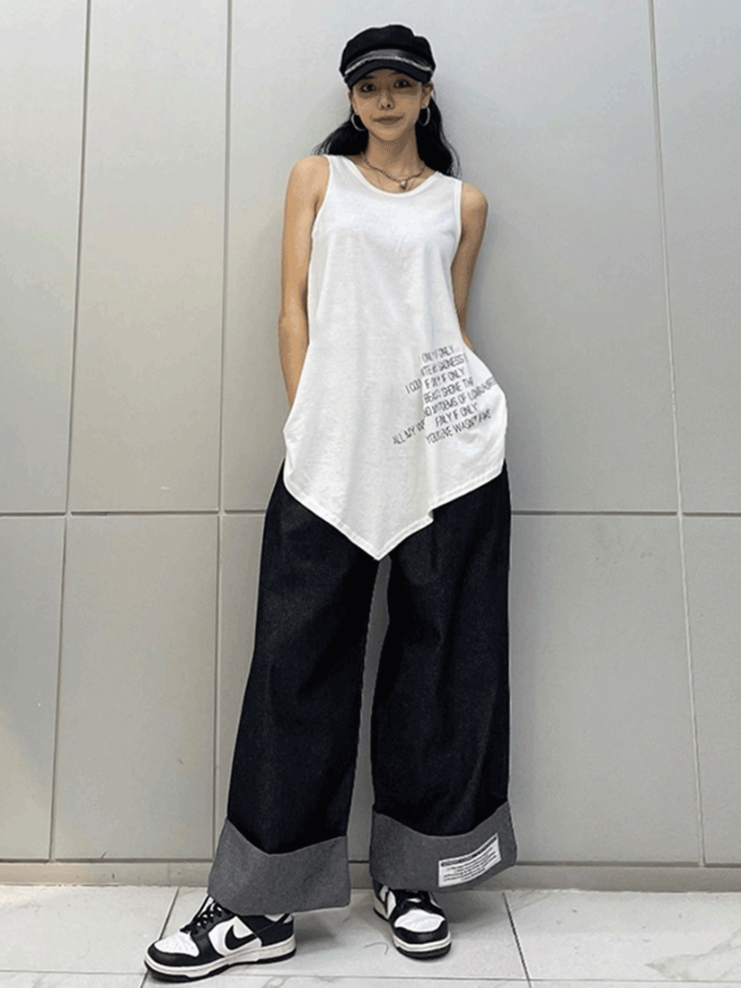 時尚側邊字母背心上衣 [ 2色 / Free ]