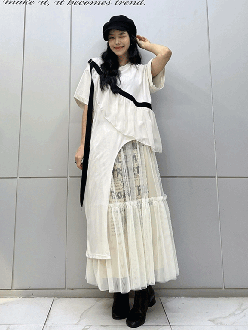 設計款斜荷葉邊不對稱長版上衣(黑色)