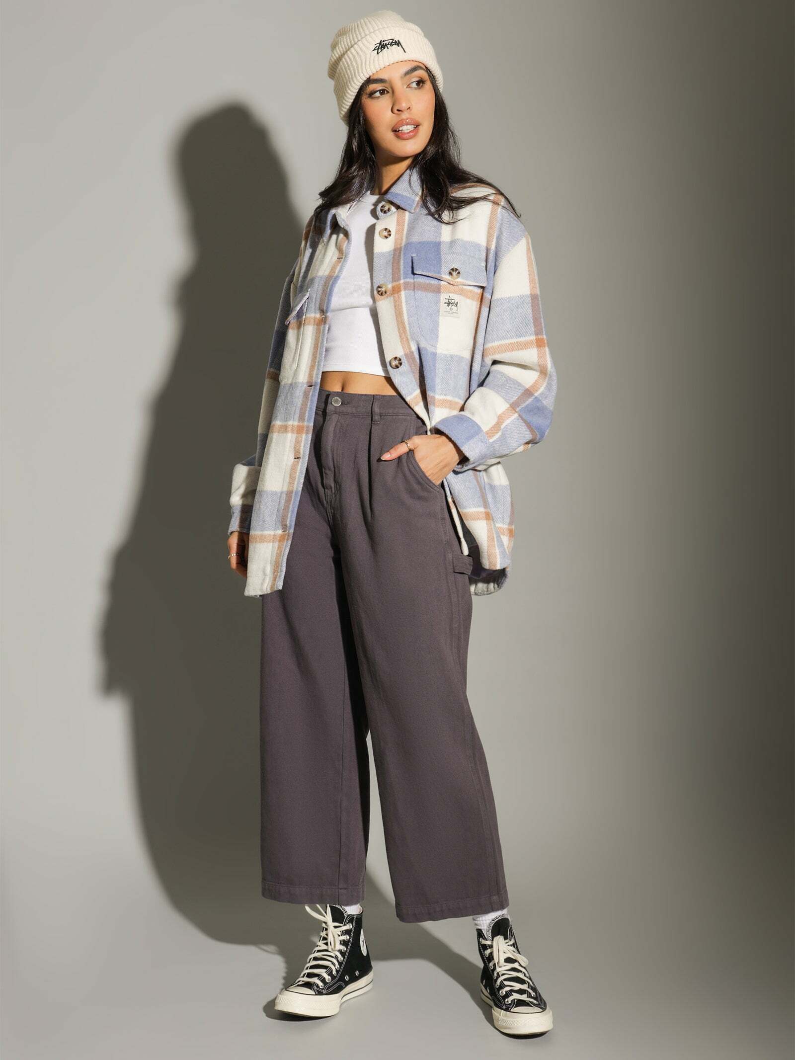 澳洲代購 STUSSY 秋冬 厚挺格子 襯衫外套 白紫配色 SEP LU