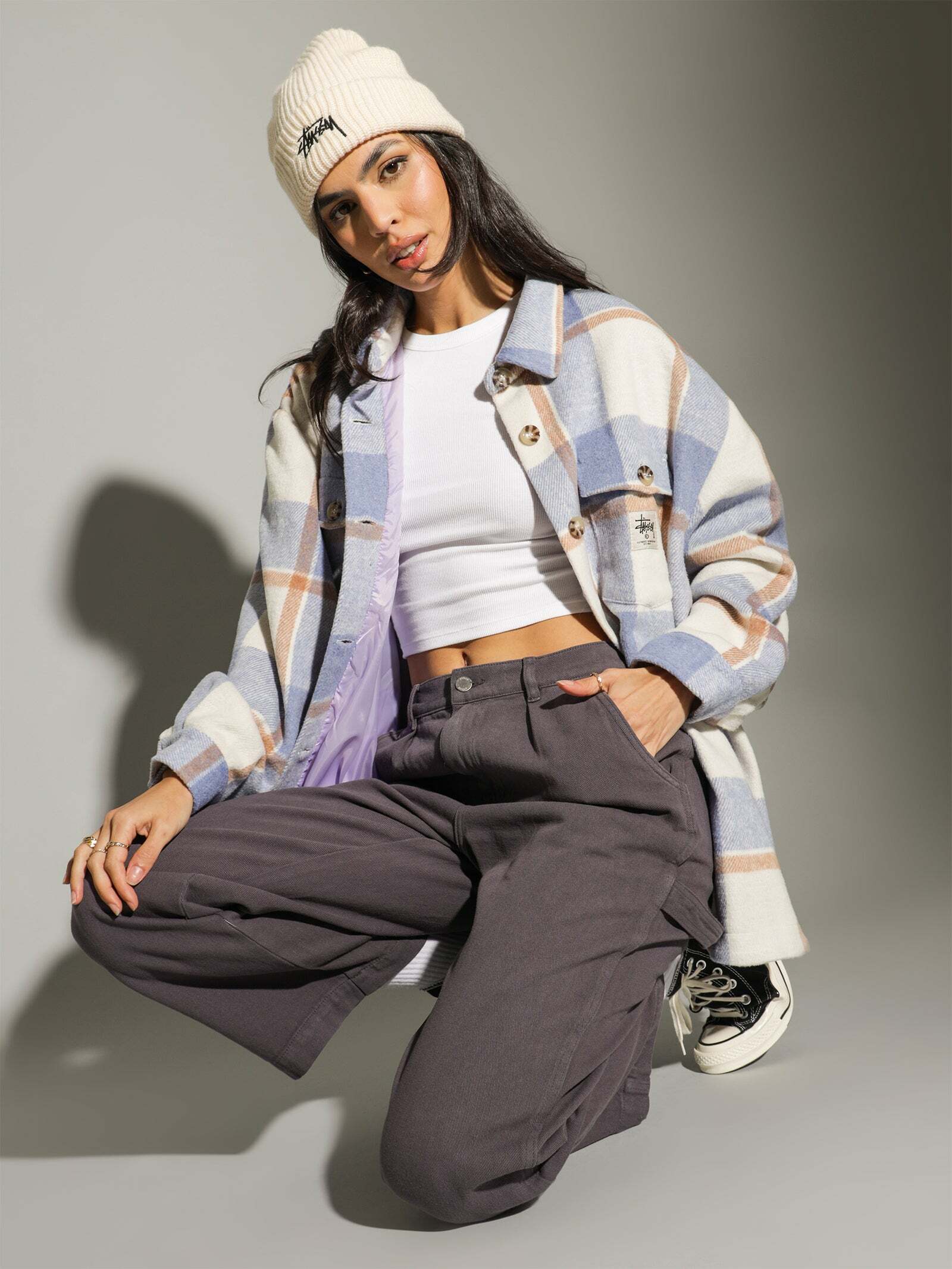 澳洲代購 STUSSY 秋冬 厚挺格子 襯衫外套 白紫配色 SEP LU