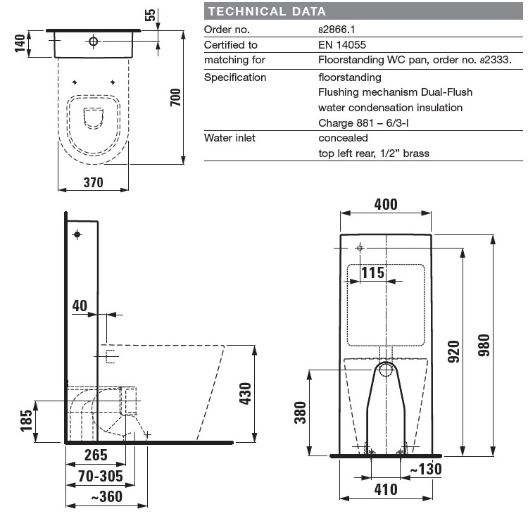 Laufen "Kartell by LAUFEN" 8.2866.1.000.881.1 + 8.2333.6.000.000.1 + 8.9133.1.000.000.1 Floorstanding Cistern & rimless toilet bowl w/ Soft Closing Cover (Back Inlet)