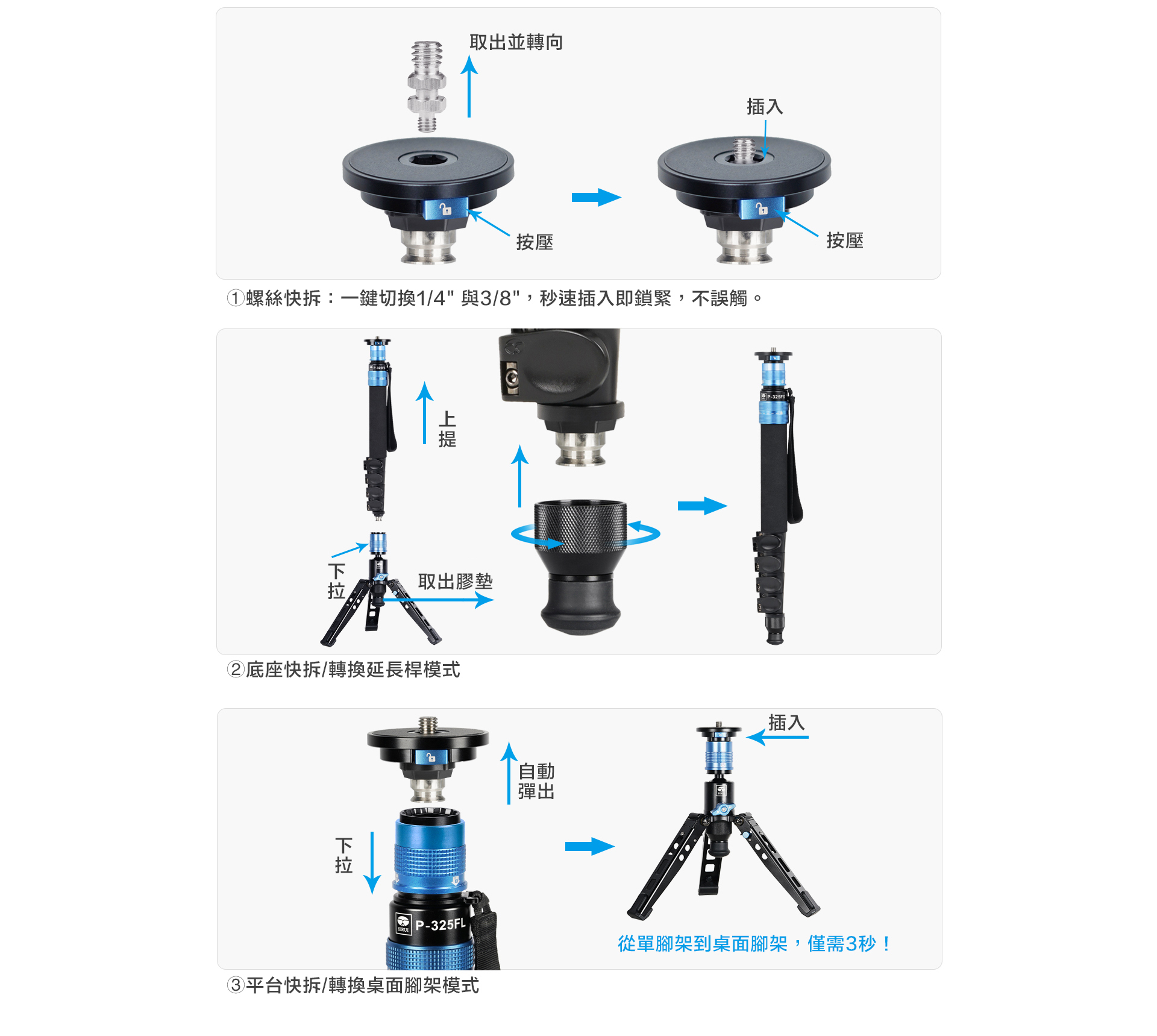 SIRUI P-325FL 思銳多功能旋轉碳纖維單腳架