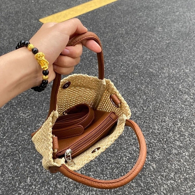 【現貨】韓國草編皮革手提兩用小包