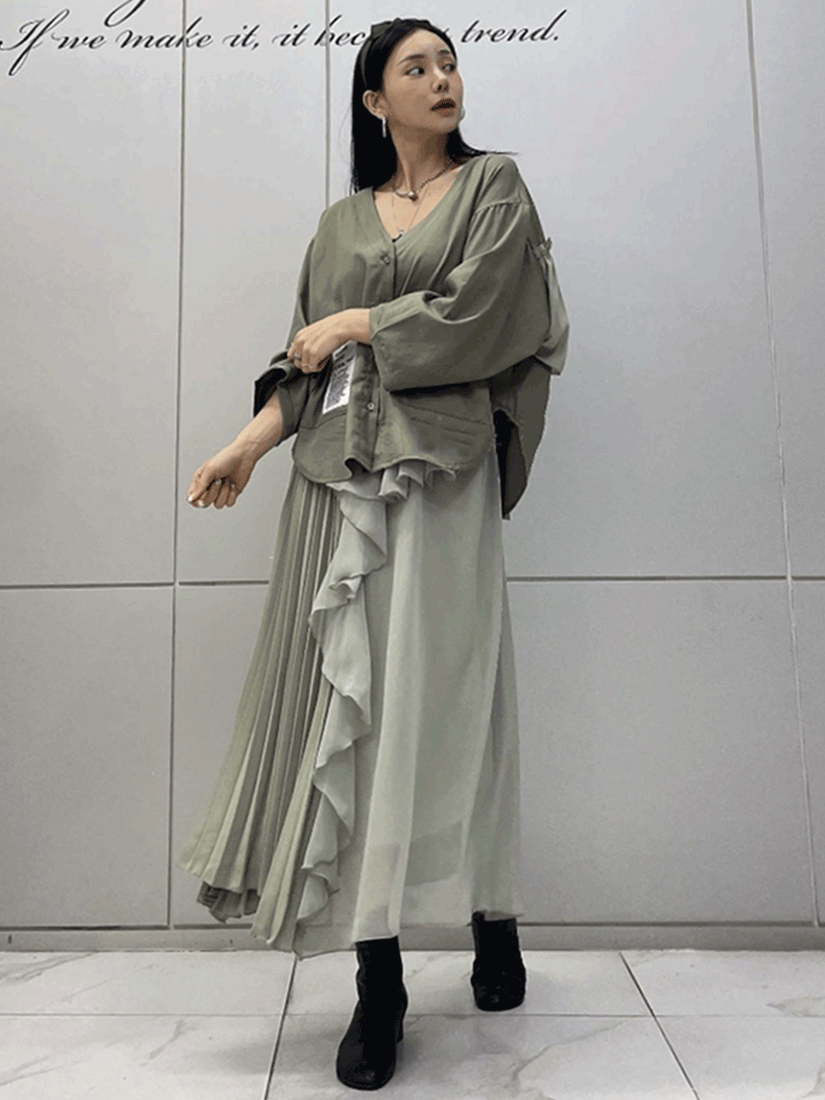 V領後拼接荷葉雪紡襯衫 [ 3色 / Free ]