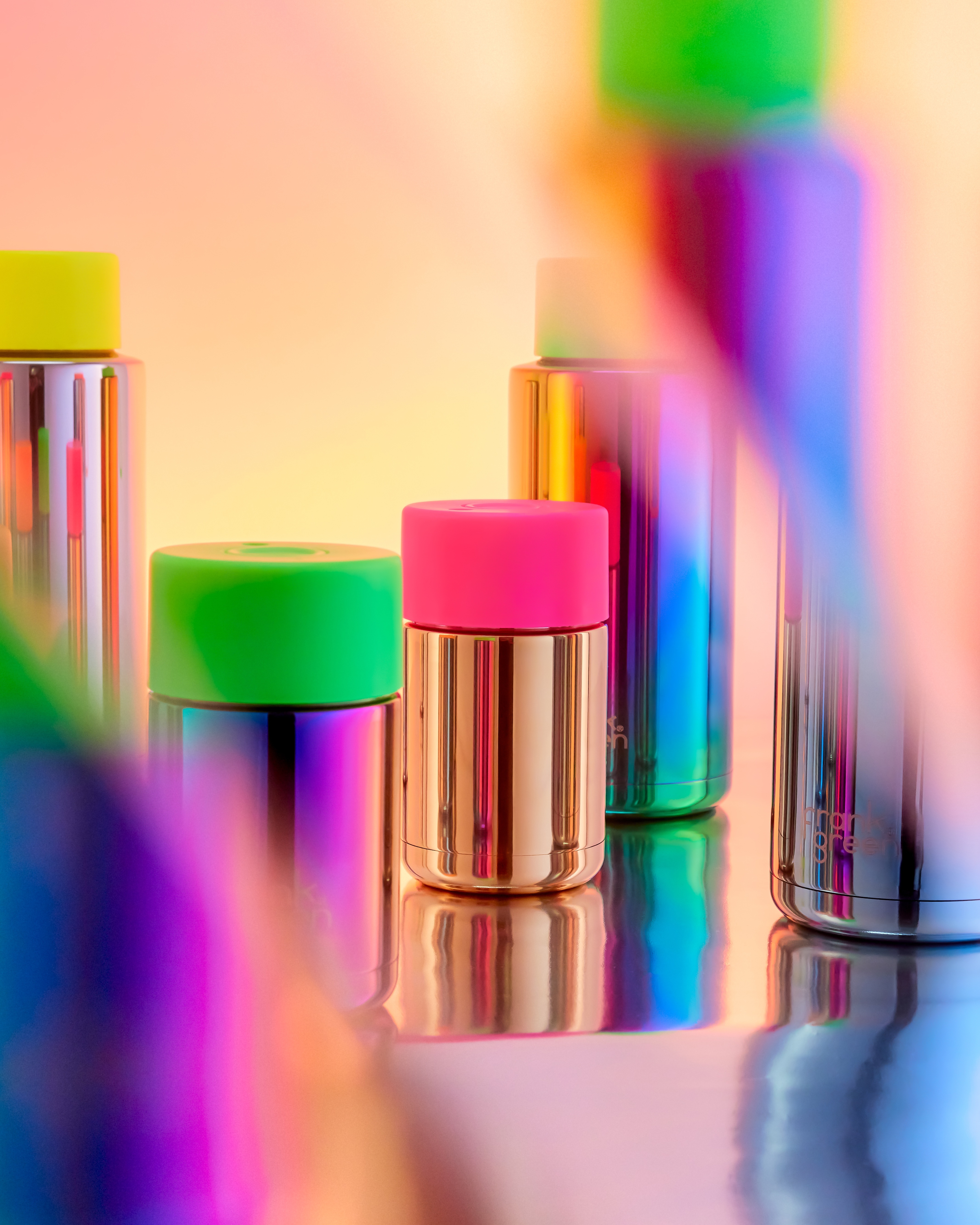 Chrome Rainbow Ceramic Reusable Bottle with Neon Green Sraw Lid - 34oz / 1,000ml | FRANK GREEN