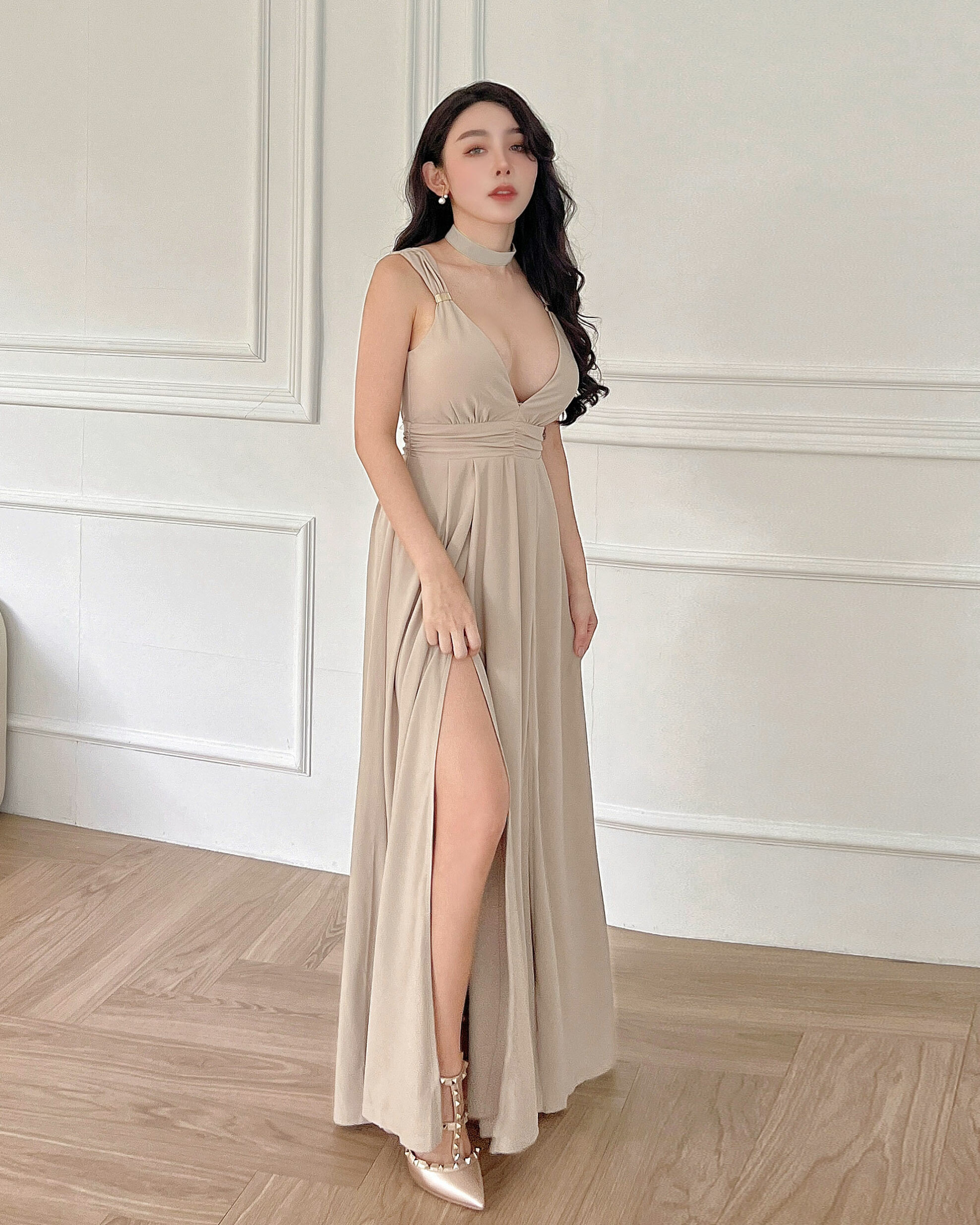 訂製-性感深V雪紡抓皺金屬長洋