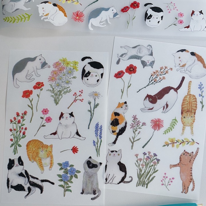 花與猫  轉印貼紙｜針線球