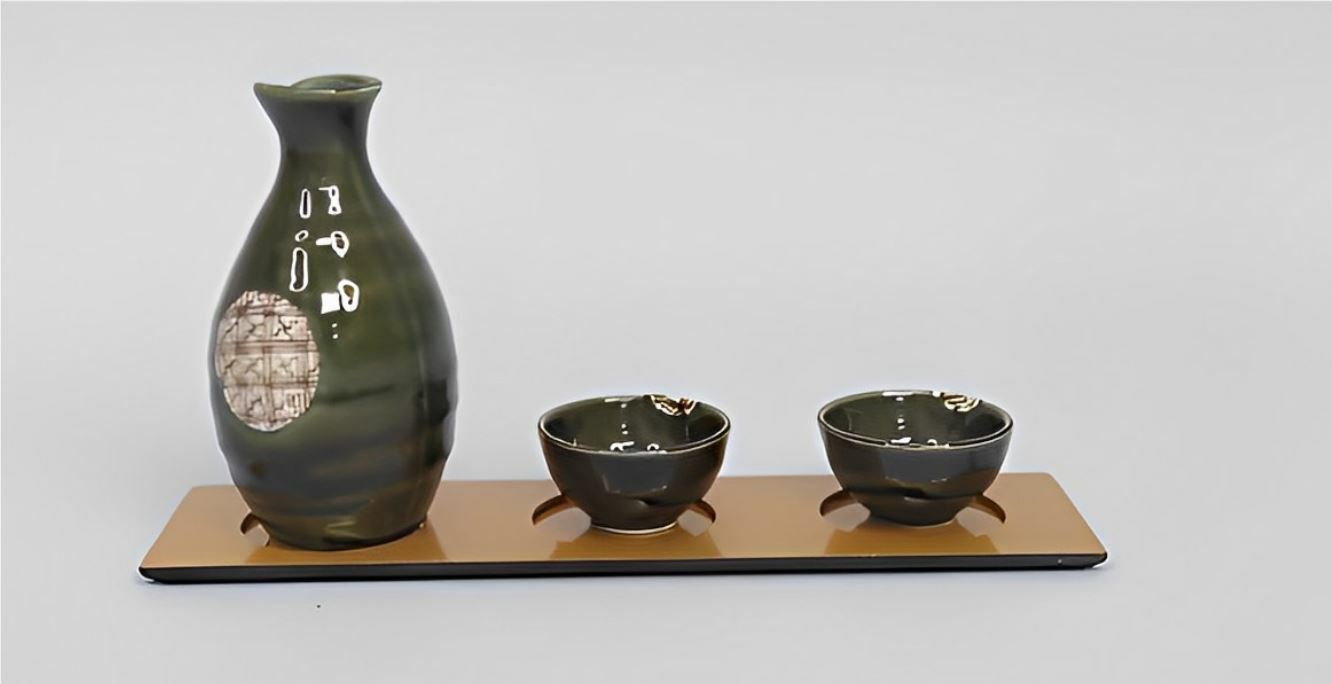 丸モ高木陶器 格子花紋陶瓷清酒壺 (大)