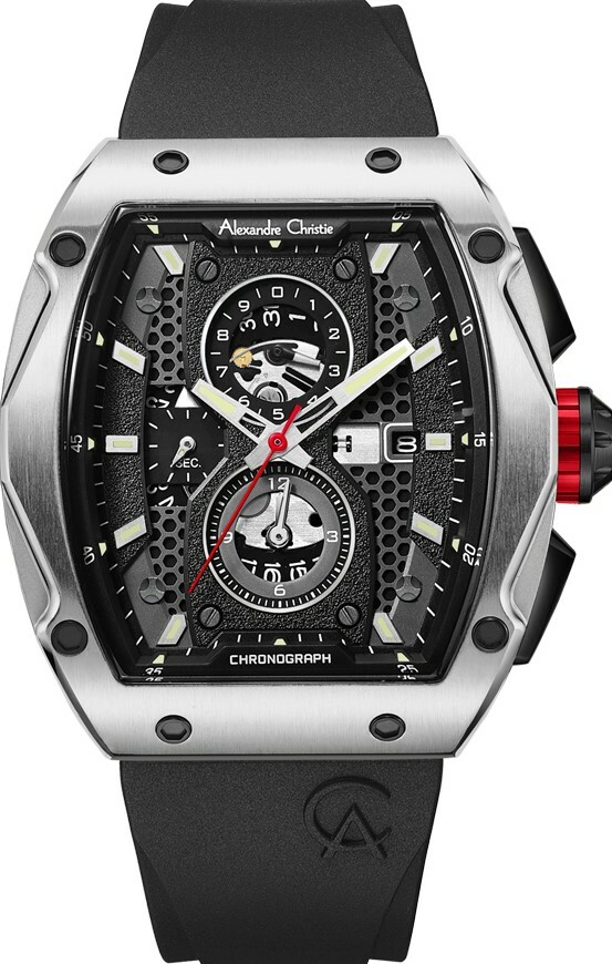 萬年鐘錶 - Alexandre Christie  6608MCR系列   銀灰石英氟橡膠三眼計時男錶  AC手錶 6608MCRTBBA  錶徑44MM