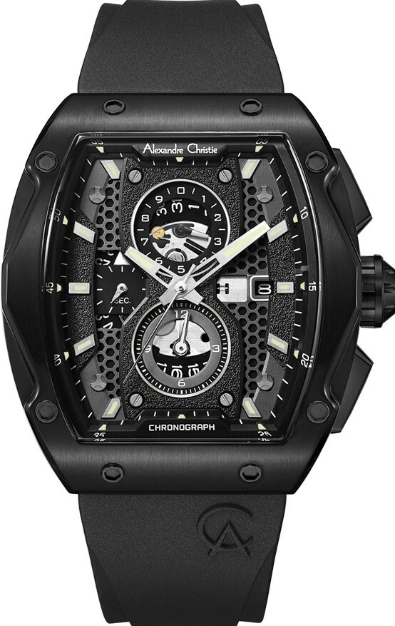 萬年鐘錶 - Alexandre Christie  6608MCR系列   全黑石英氟橡膠三眼計時男錶  AC手錶 6608MCRIPBA 錶徑44MM