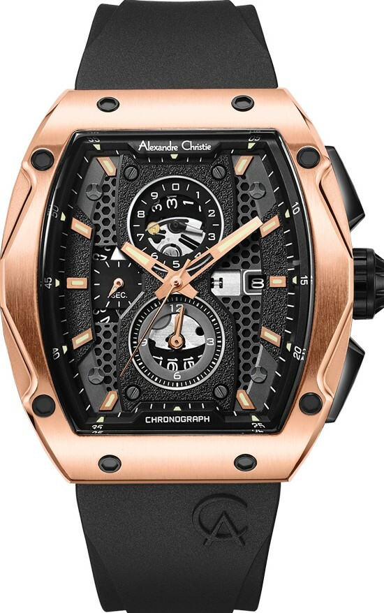 萬年鐘錶 - Alexandre Christie  6608MCR系列   玫瑰金外框石英氟橡膠三眼計時男錶  AC手錶 6608MCRRGBA 錶徑44MM