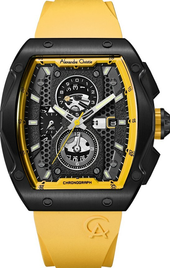 萬年鐘錶 - Alexandre Christie  6608MCR系列   萱草黃石英氟橡膠三眼計時男錶  AC手錶 6608MCRIPBAYL 錶徑44MM